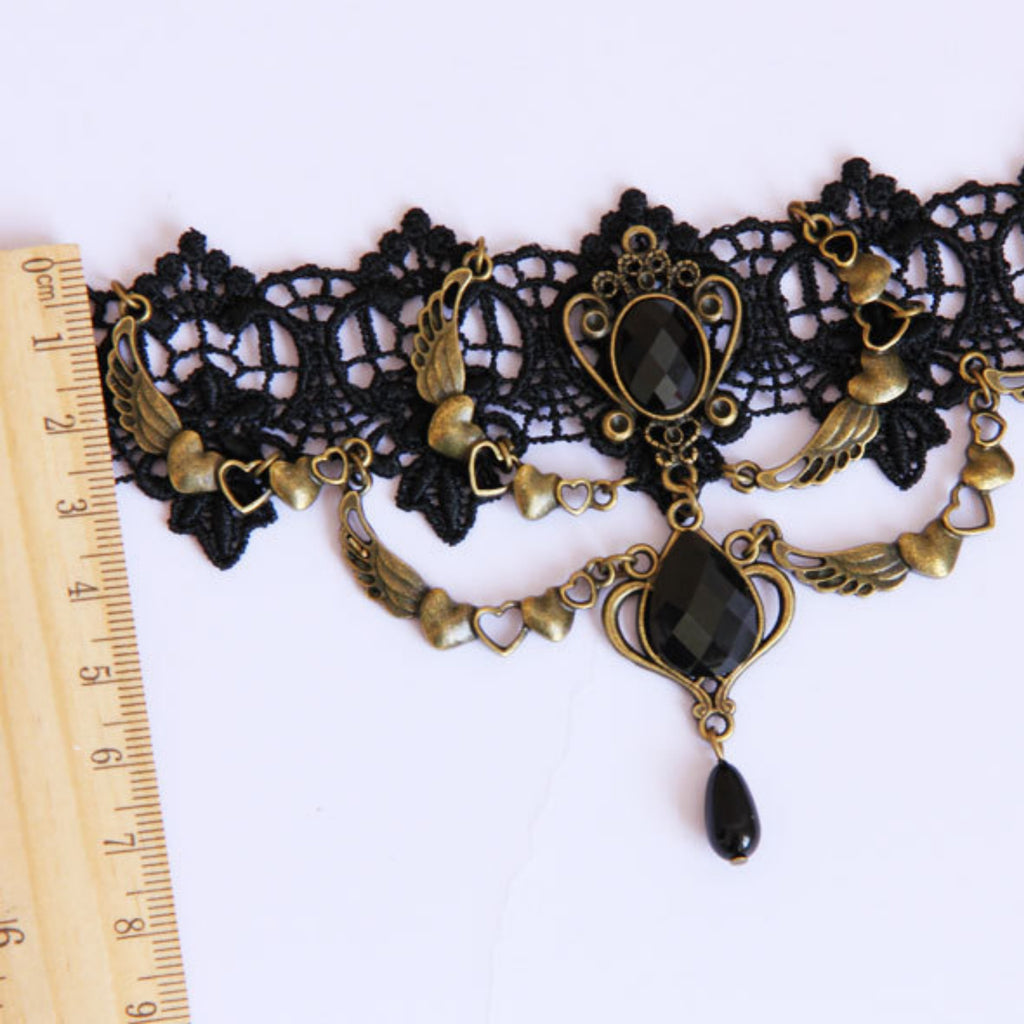 Victorian Gothic Black Lace Choker Necklace | Angel Wing Heart Chain Black Gem Crown Teardrop Drop Dark Romance Halloween Jewelry