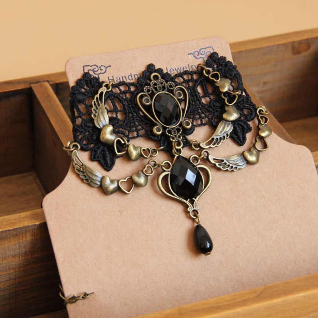 Victorian Gothic Black Lace Choker Necklace | Angel Wing Heart Chain Black Gem Crown Teardrop Drop Dark Romance Halloween Jewelry