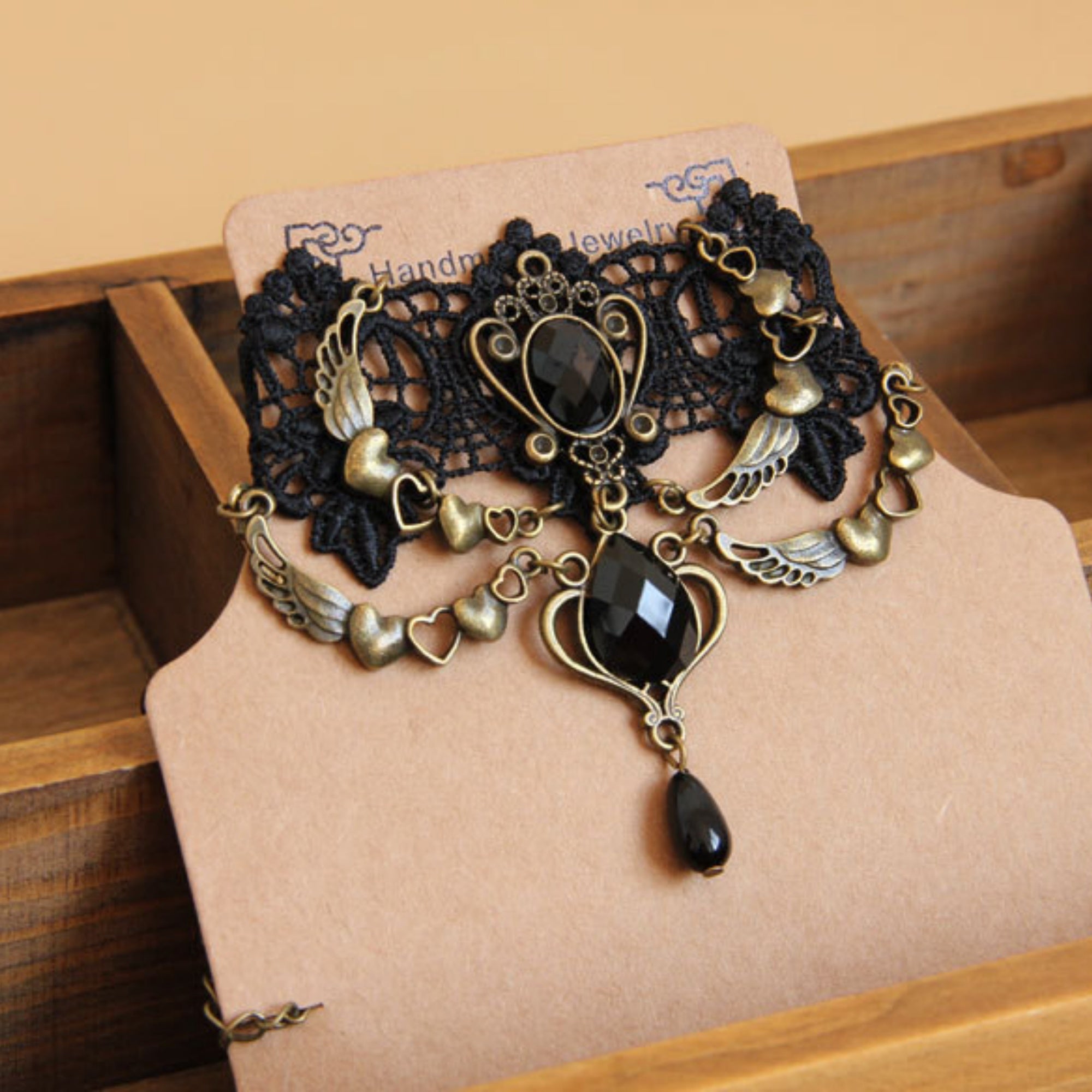 Victorian Gothic Black Lace Choker Necklace | Angel Wing Heart Chain Black Gem Crown Teardrop Drop Dark Romance Halloween Jewelry