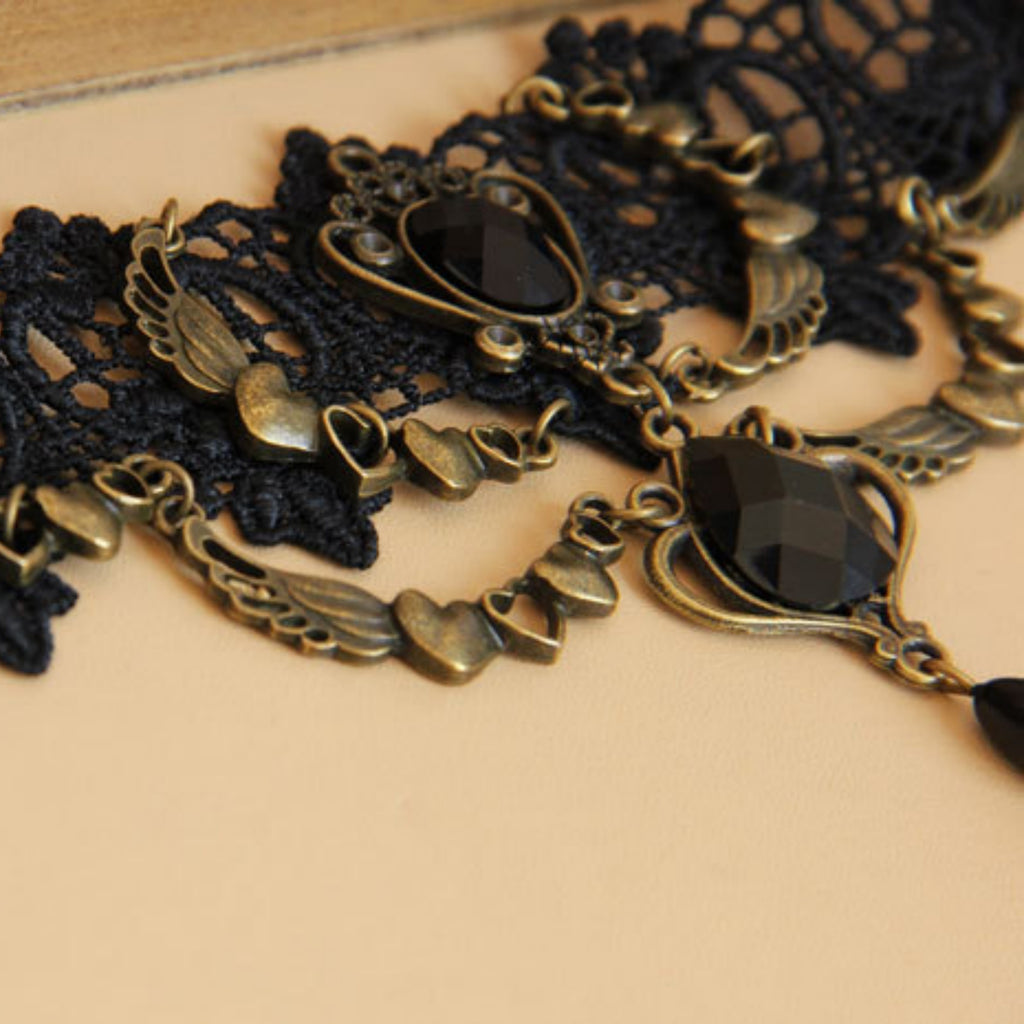 Victorian Gothic Black Lace Choker Necklace | Angel Wing Heart Chain Black Gem Crown Teardrop Drop Dark Romance Halloween Jewelry