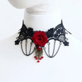 Halloween Gothic Black Lace Bat Wing Red Rose Choker Necklace | Antique Bronze Heart Red Crystal Drop Dark Romance Halloween Jewelry