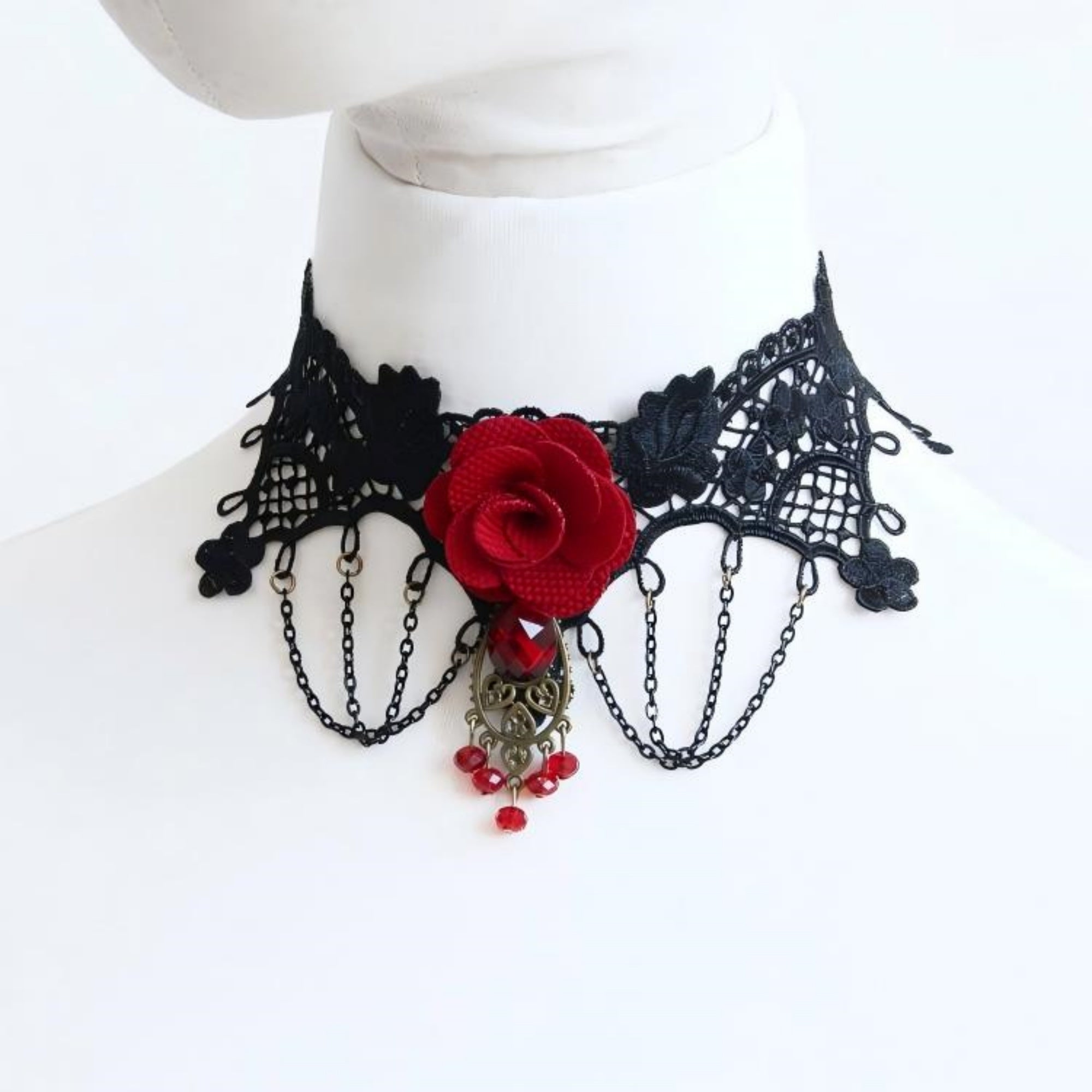 Halloween Gothic Black Lace Bat Wing Red Rose Choker Necklace | Antique Bronze Heart Red Crystal Drop Dark Romance Halloween Jewelry