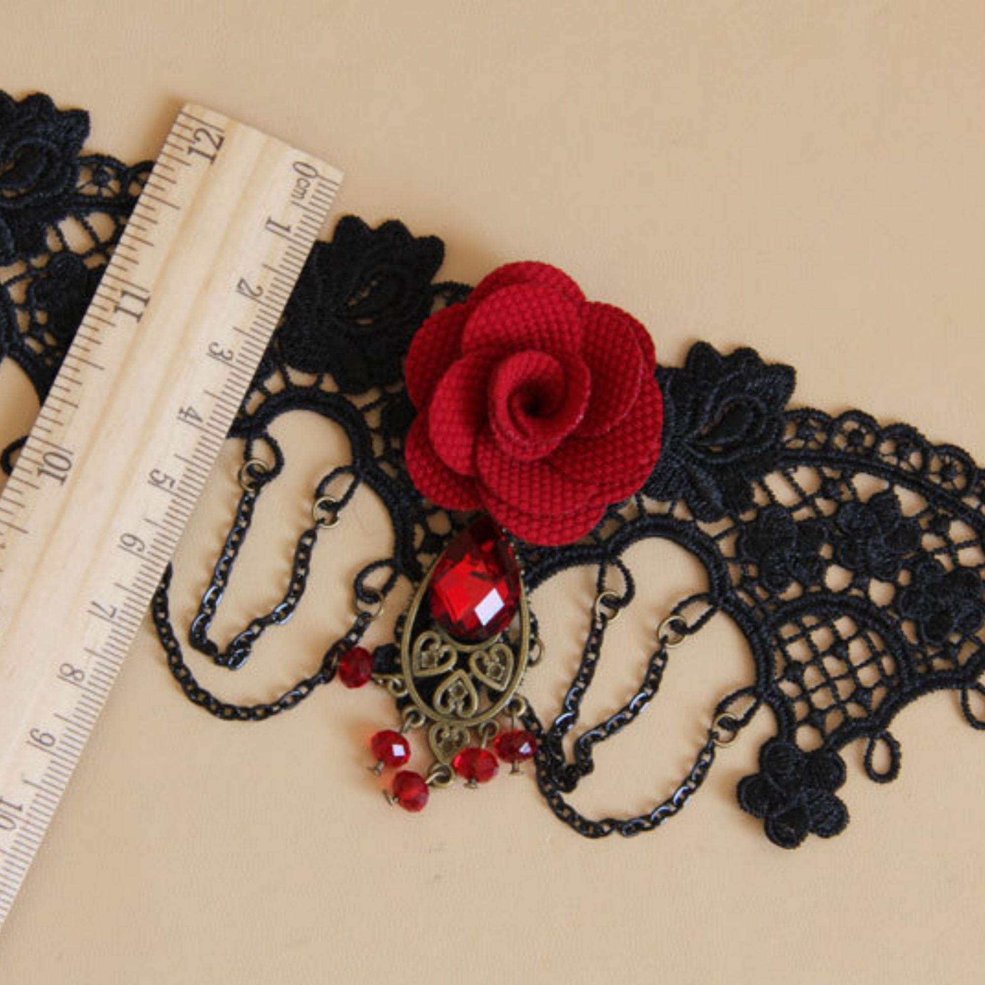 Halloween Gothic Black Lace Bat Wing Red Rose Choker Necklace | Antique Bronze Heart Red Crystal Drop Dark Romance Halloween Jewelry