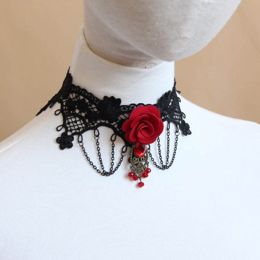 Halloween Gothic Black Lace Bat Wing Red Rose Choker Necklace | Antique Bronze Heart Red Crystal Drop Dark Romance Halloween Jewelry