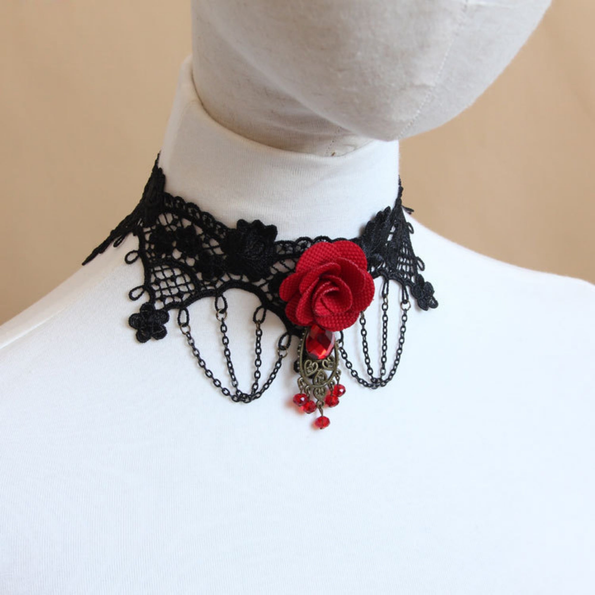 Halloween Gothic Black Lace Bat Wing Red Rose Choker Necklace | Antique Bronze Heart Red Crystal Drop Dark Romance Halloween Jewelry