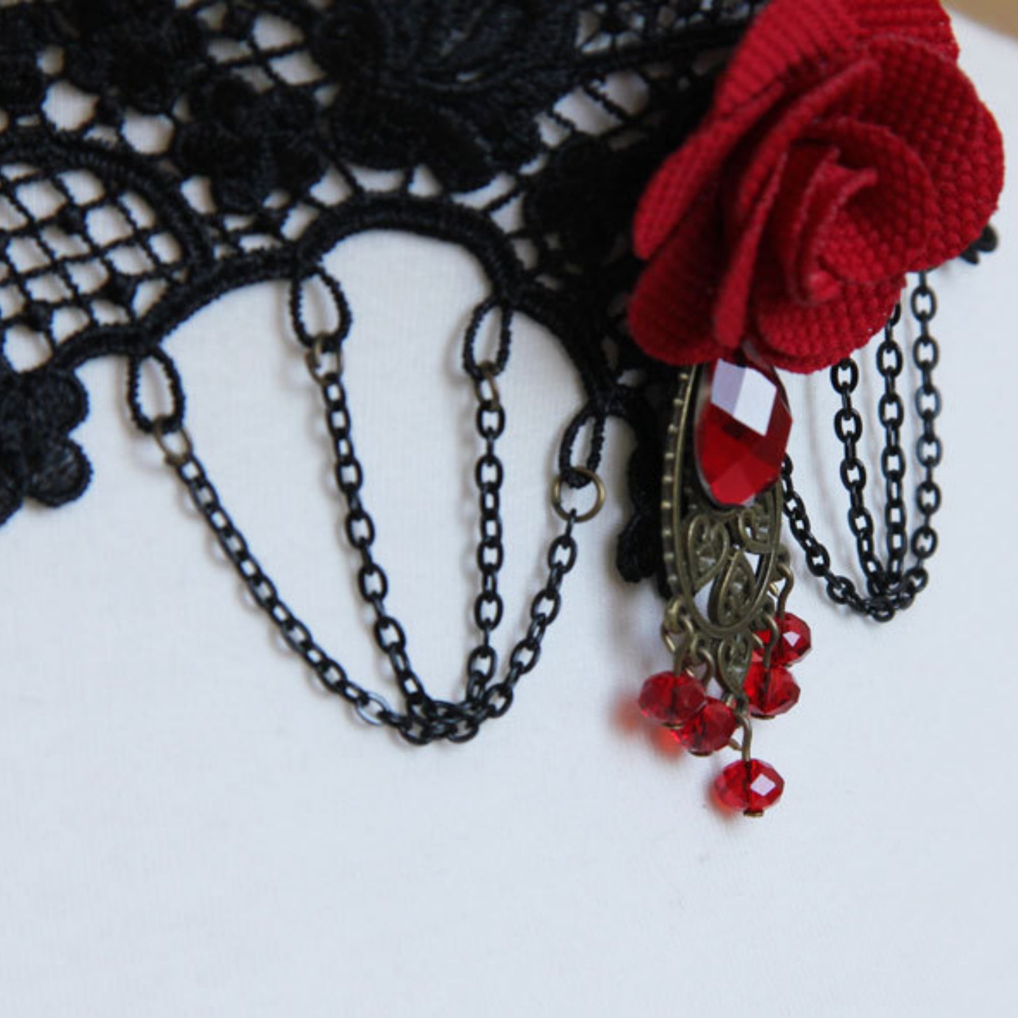 Halloween Gothic Black Lace Bat Wing Red Rose Choker Necklace | Antique Bronze Heart Red Crystal Drop Dark Romance Halloween Jewelry