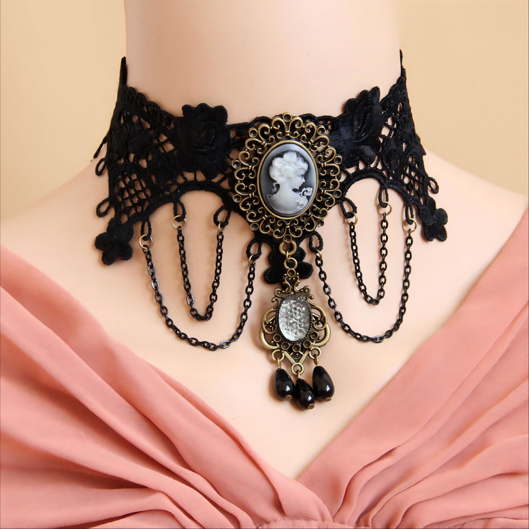 Halloween Black Lace Wide Collar Necklace | Antique Bronze Victorian Cameo 4-Chain Drape Filigree Gem Black Crystal Teardrop Drop Gothic Queen Halloween Costume Jewelry Gift