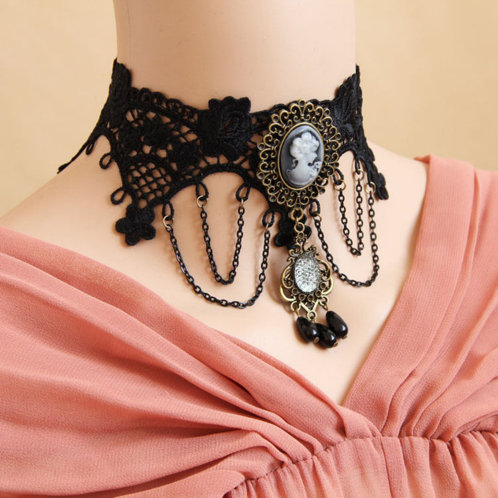 Halloween Black Lace Wide Collar Necklace | Antique Bronze Victorian Cameo 4-Chain Drape Filigree Gem Black Crystal Teardrop Drop Gothic Queen Halloween Costume Jewelry Gift