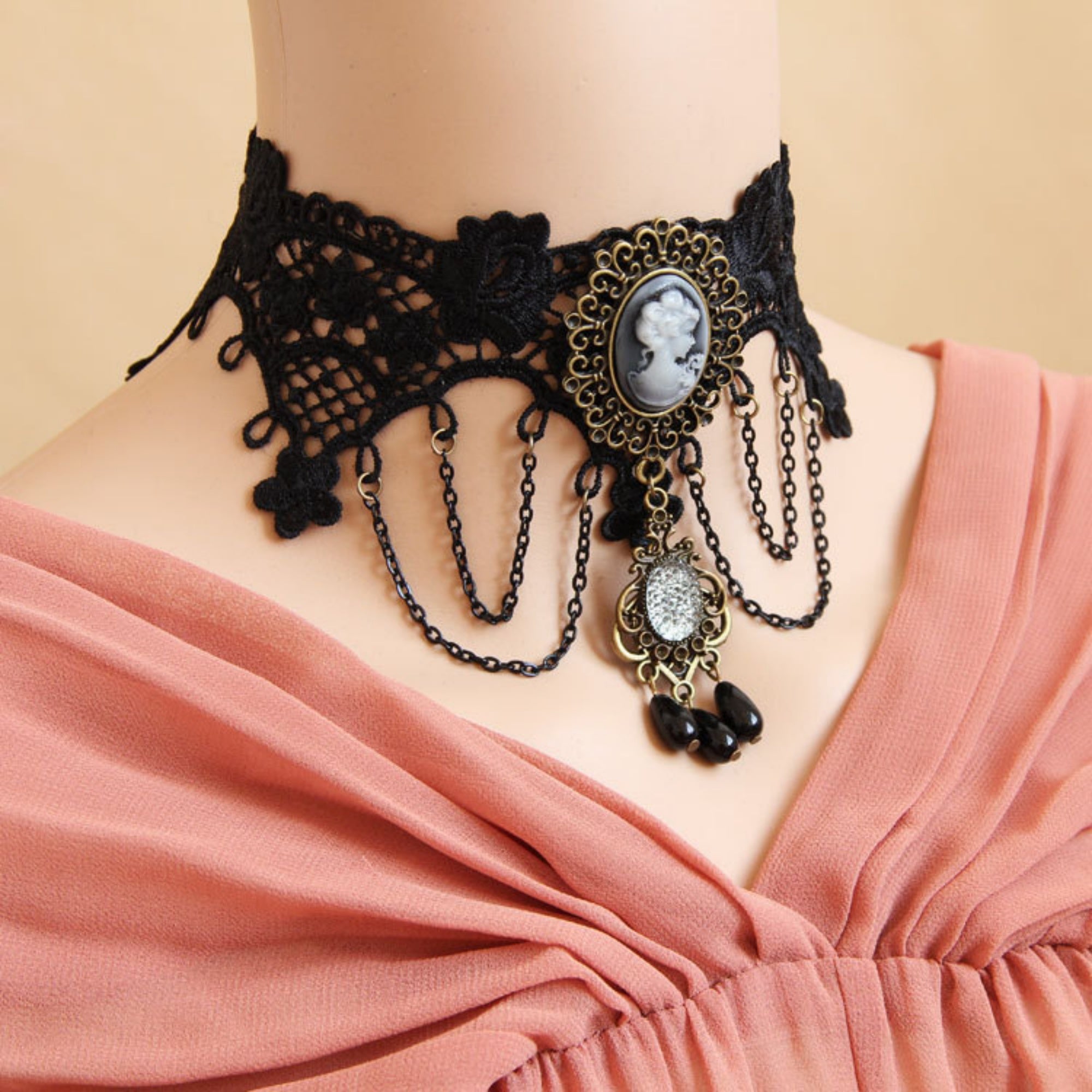 Halloween Black Lace Wide Collar Necklace | Antique Bronze Victorian Cameo 4-Chain Drape Filigree Gem Black Crystal Teardrop Drop Gothic Queen Halloween Costume Jewelry Gift