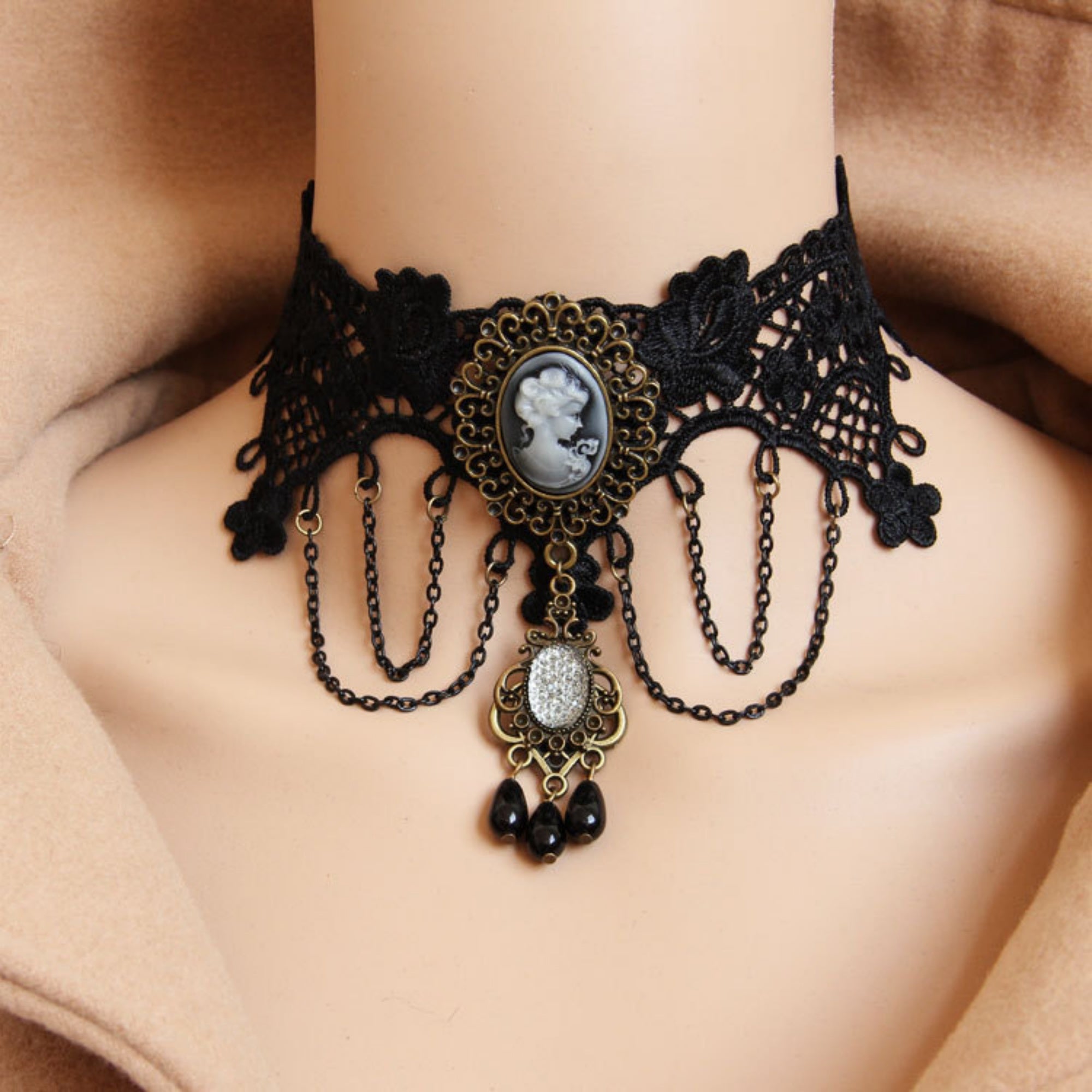 Halloween Black Lace Wide Collar Necklace | Antique Bronze Victorian Cameo 4-Chain Drape Filigree Gem Black Crystal Teardrop Drop Gothic Queen Halloween Costume Jewelry Gift