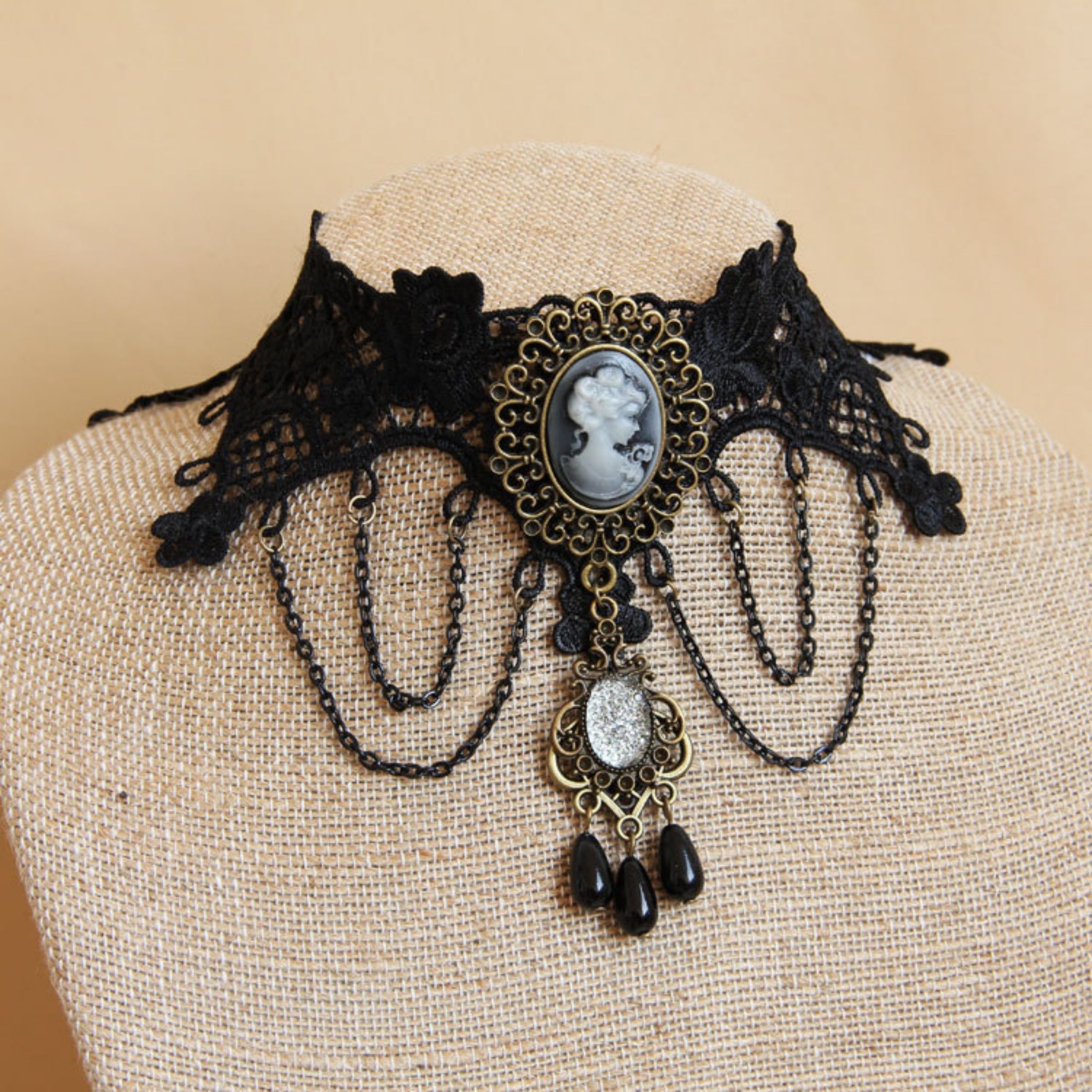Halloween Black Lace Wide Collar Necklace | Antique Bronze Victorian Cameo 4-Chain Drape Filigree Gem Black Crystal Teardrop Drop Gothic Queen Halloween Costume Jewelry Gift