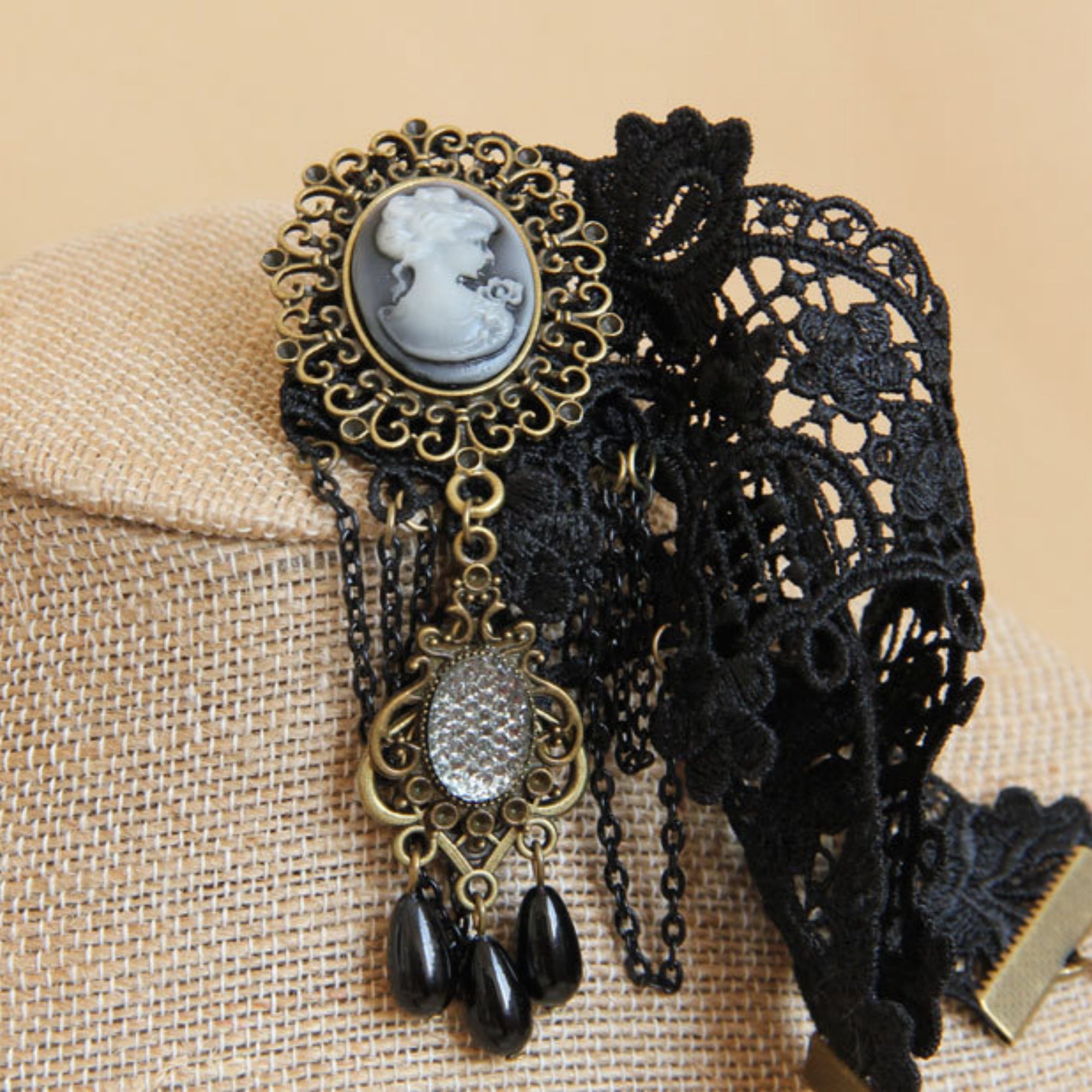 Halloween Black Lace Wide Collar Necklace | Antique Bronze Victorian Cameo 4-Chain Drape Filigree Gem Black Crystal Teardrop Drop Gothic Queen Halloween Costume Jewelry Gift