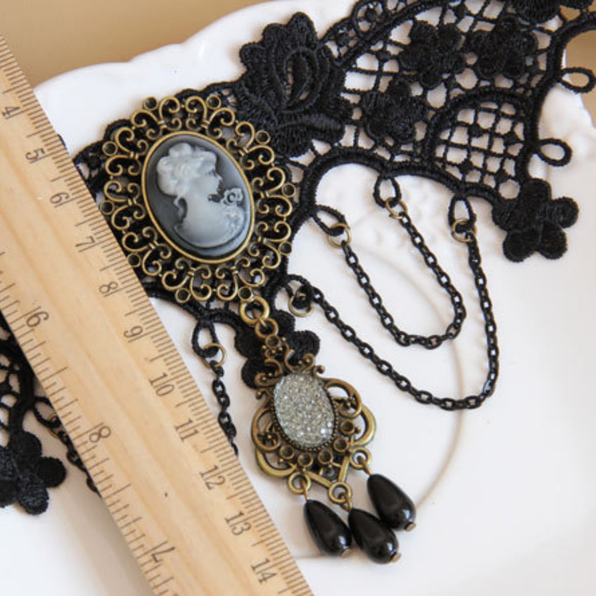 Halloween Black Lace Wide Collar Necklace | Antique Bronze Victorian Cameo 4-Chain Drape Filigree Gem Black Crystal Teardrop Drop Gothic Queen Halloween Costume Jewelry Gift