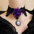 Halloween Black Lace Choker Necklace | Giant Purple Chiffon Flower Antique Bronze Victorian Cameo Drop Purple Witch Day of Dead Gothic Halloween Costume Jewelry Gift