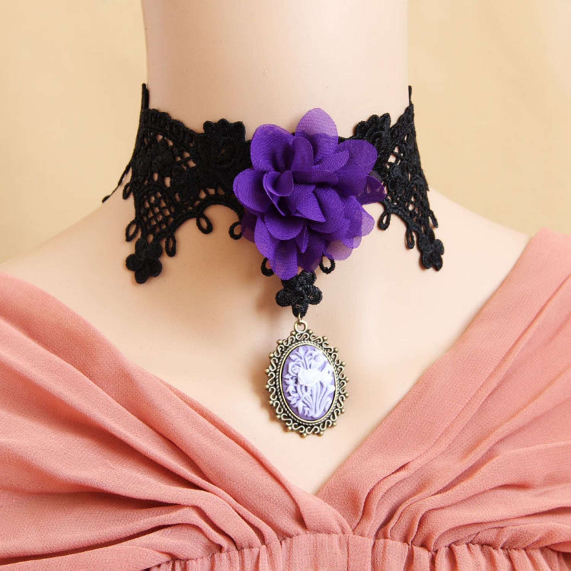 Halloween Black Lace Choker Necklace | Giant Purple Chiffon Flower Antique Bronze Victorian Cameo Drop Purple Witch Day of Dead Gothic Halloween Costume Jewelry Gift