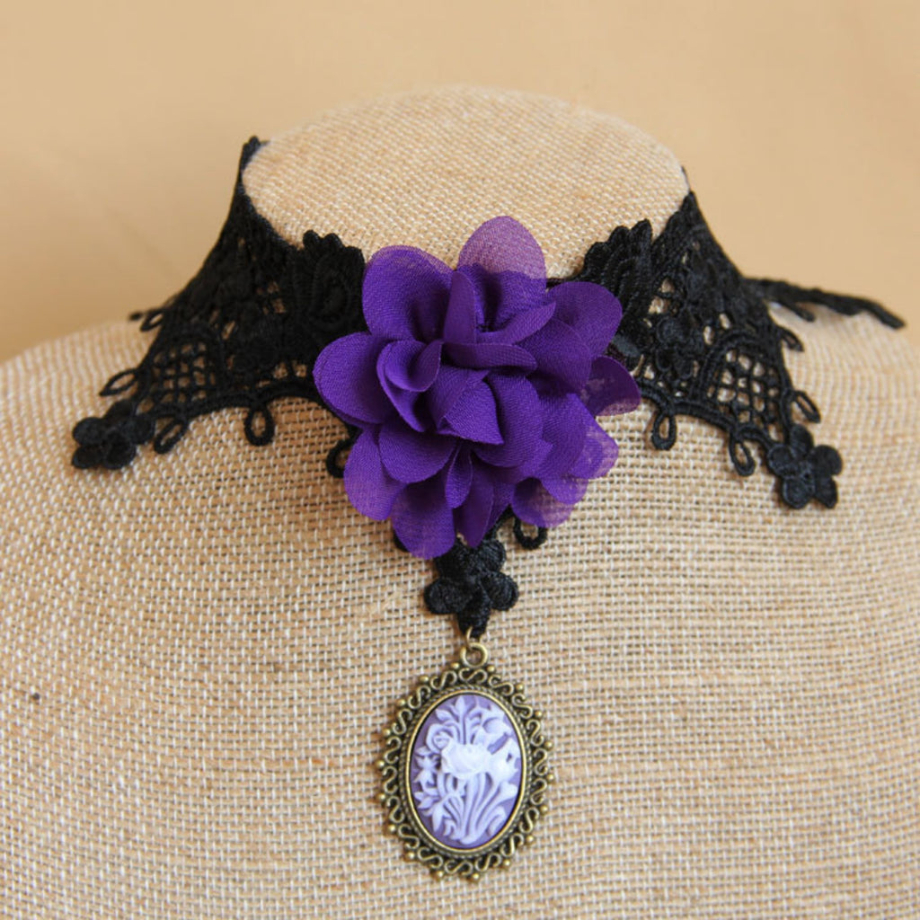 Halloween Black Lace Choker Necklace | Giant Purple Chiffon Flower Antique Bronze Victorian Cameo Drop Purple Witch Day of Dead Gothic Halloween Costume Jewelry Gift