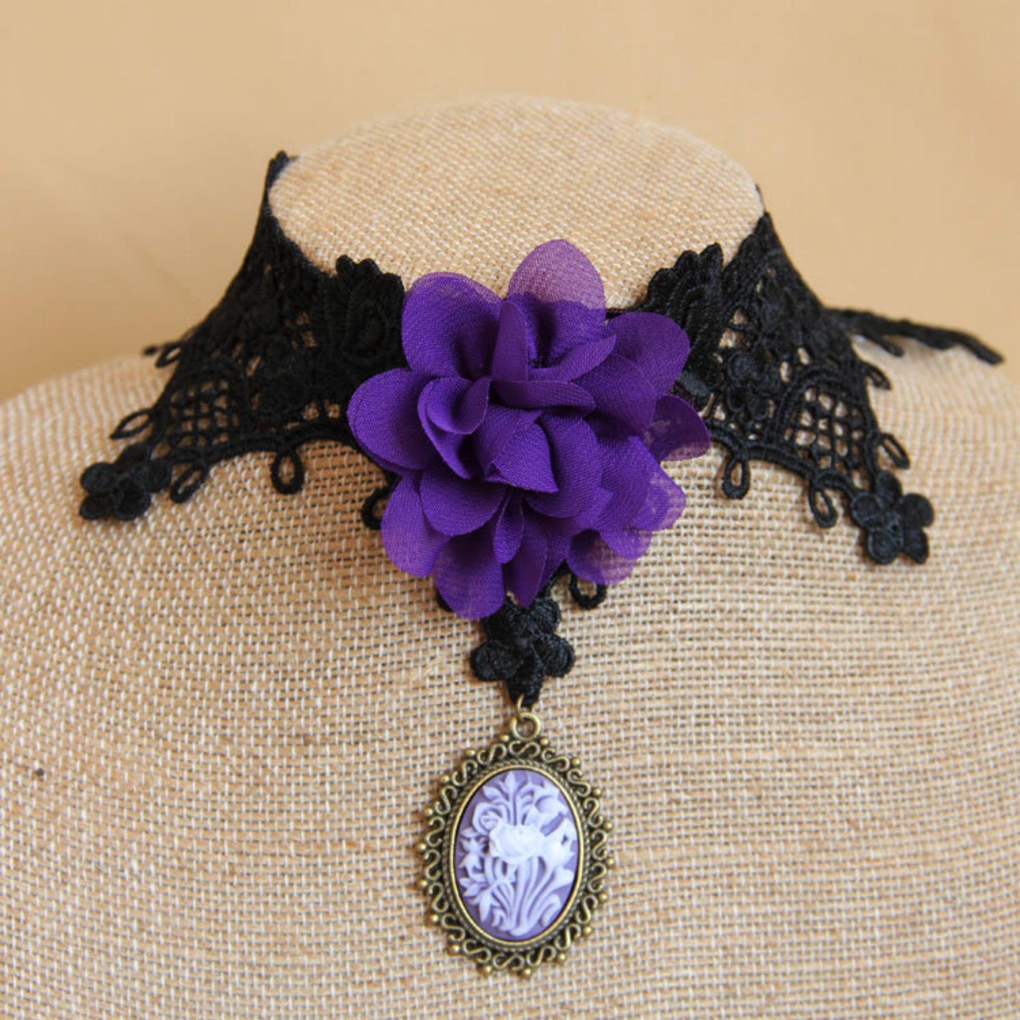Halloween Black Lace Choker Necklace | Giant Purple Chiffon Flower Antique Bronze Victorian Cameo Drop Purple Witch Day of Dead Gothic Halloween Costume Jewelry Gift
