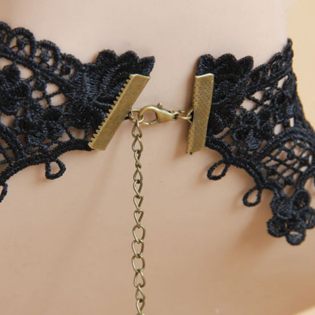 Halloween Black Lace Choker Necklace | Giant Purple Chiffon Flower Antique Bronze Victorian Cameo Drop Purple Witch Day of Dead Gothic Halloween Costume Jewelry Gift