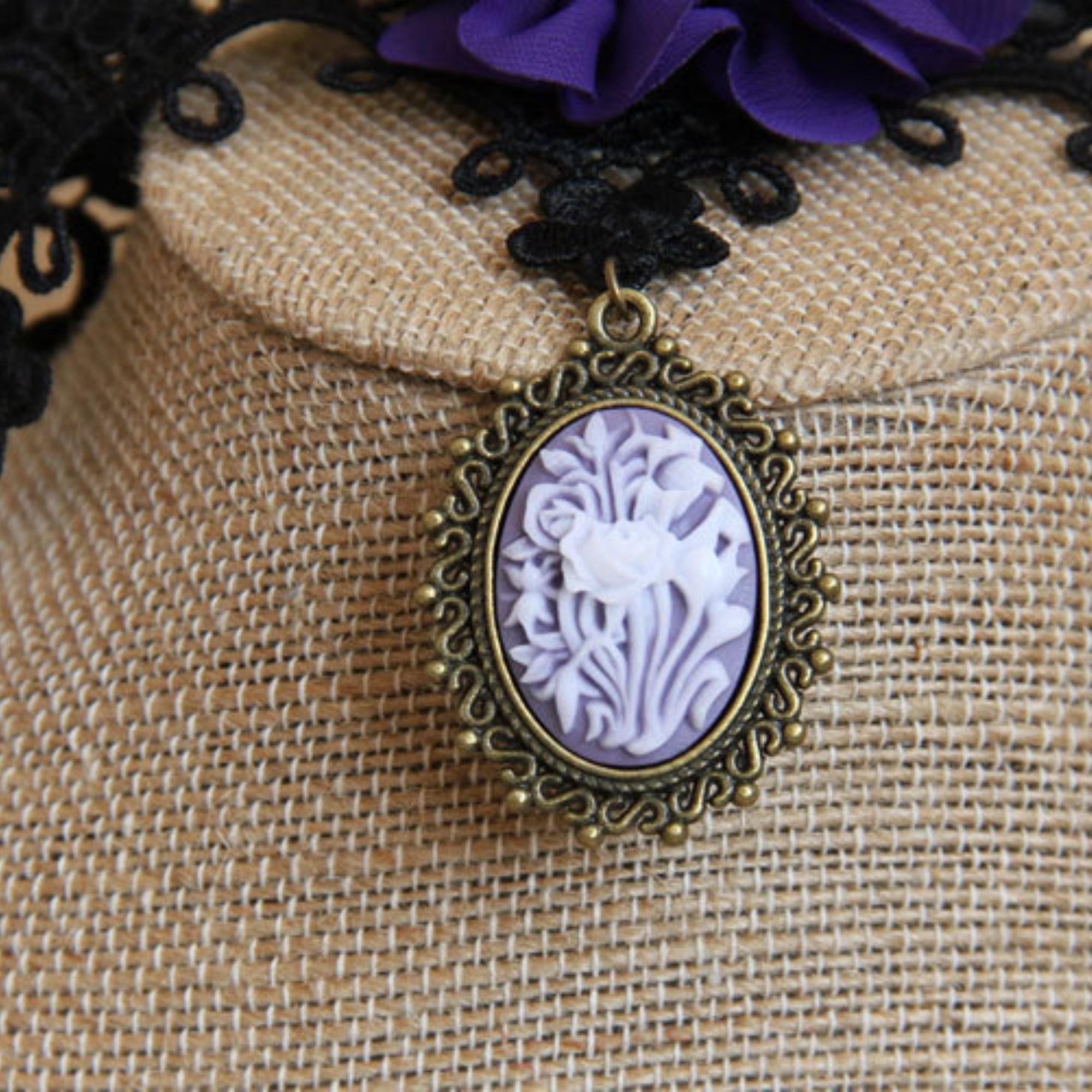 Halloween Black Lace Choker Necklace | Giant Purple Chiffon Flower Antique Bronze Victorian Cameo Drop Purple Witch Day of Dead Gothic Halloween Costume Jewelry Gift