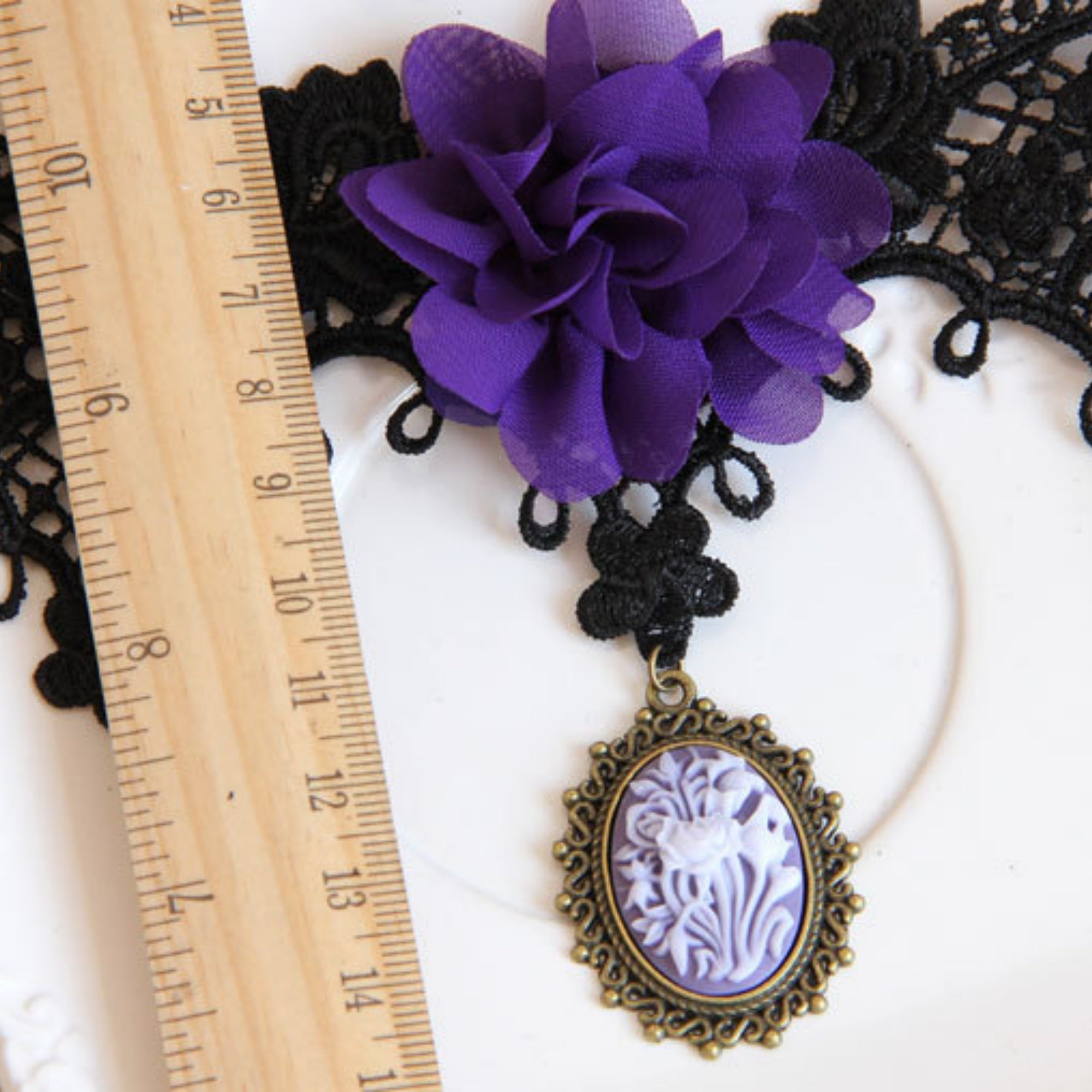 Halloween Black Lace Choker Necklace | Giant Purple Chiffon Flower Antique Bronze Victorian Cameo Drop Purple Witch Day of Dead Gothic Halloween Costume Jewelry Gift