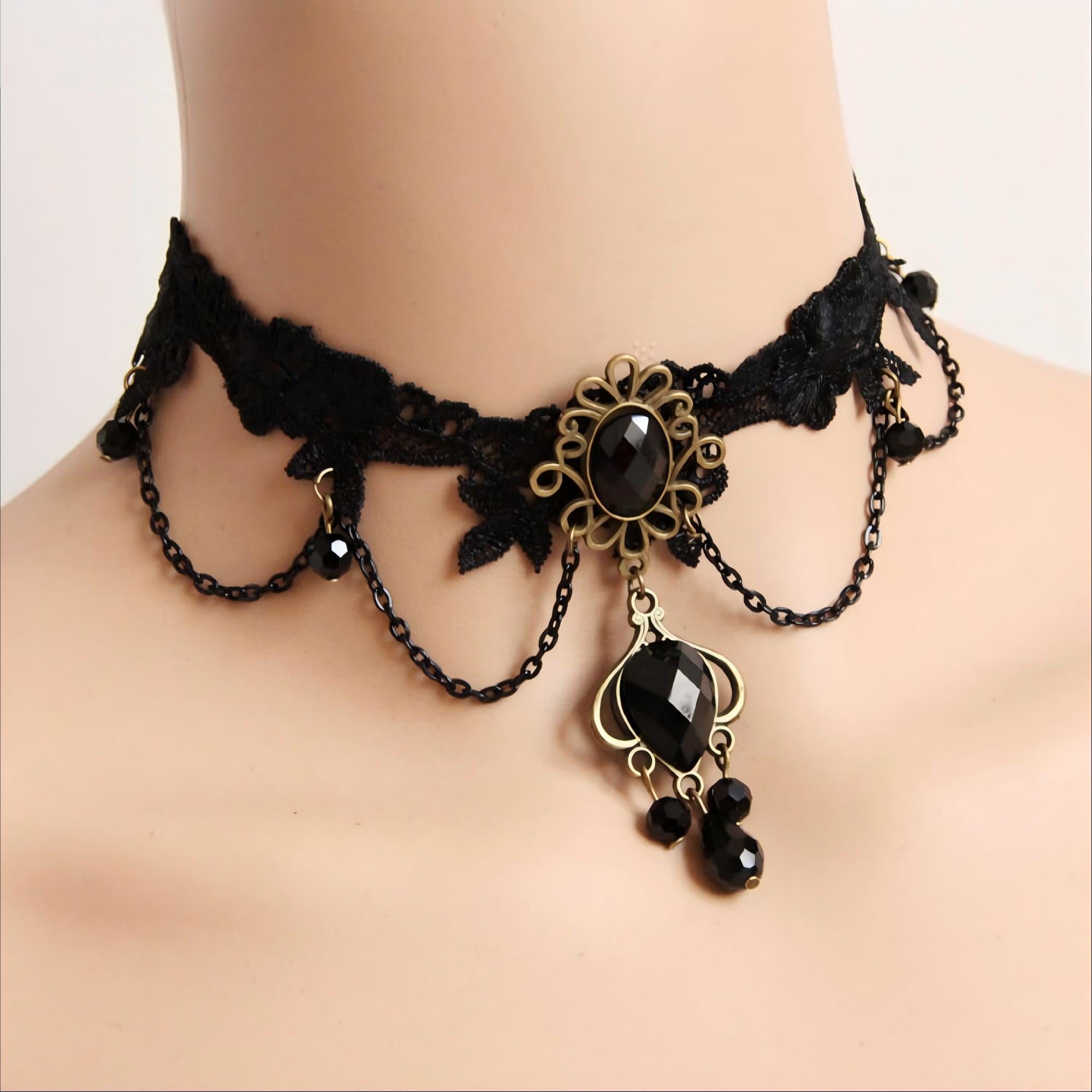 Halloween Black Lace Choker Necklace | Antique Bronze Sunflower Gem Dual Chain Drape Large Bronze Teardrop Frame Black Crystal Cluster Drop Gothic Halloween Costume Jewelry Gift