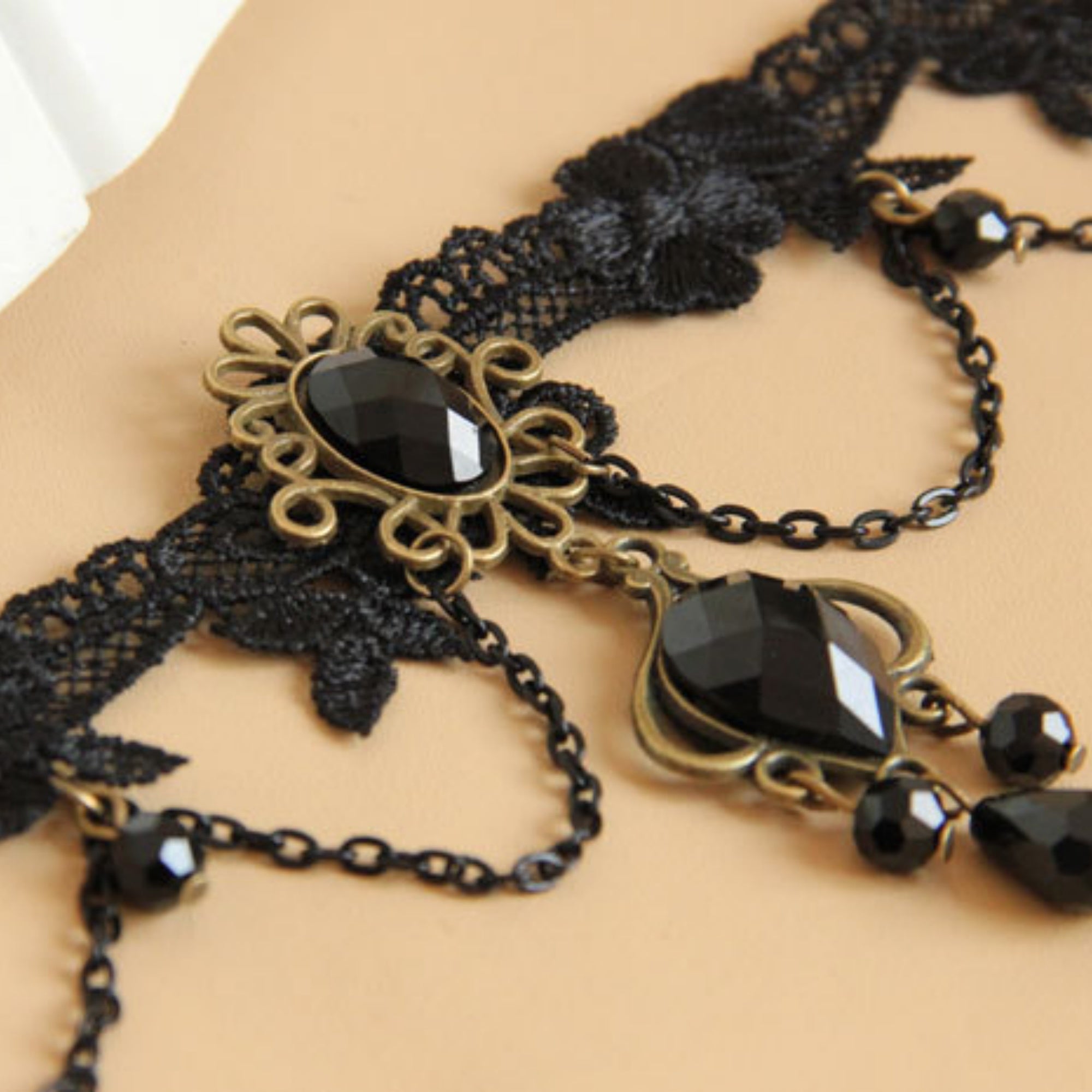 Halloween Black Lace Choker Necklace | Antique Bronze Sunflower Gem Dual Chain Drape Large Bronze Teardrop Frame Black Crystal Cluster Drop Gothic Halloween Costume Jewelry Gift