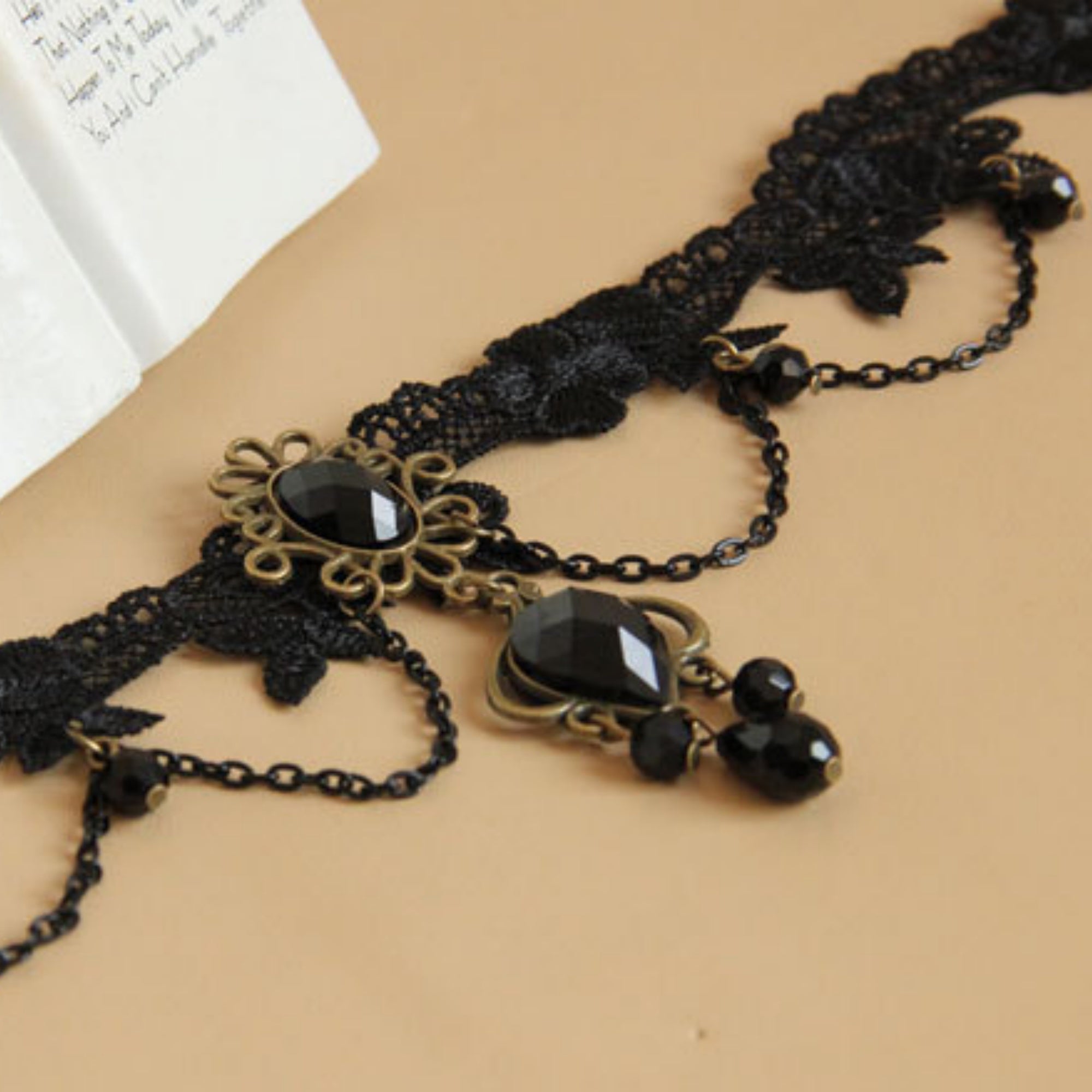 Halloween Black Lace Choker Necklace | Antique Bronze Sunflower Gem Dual Chain Drape Large Bronze Teardrop Frame Black Crystal Cluster Drop Gothic Halloween Costume Jewelry Gift