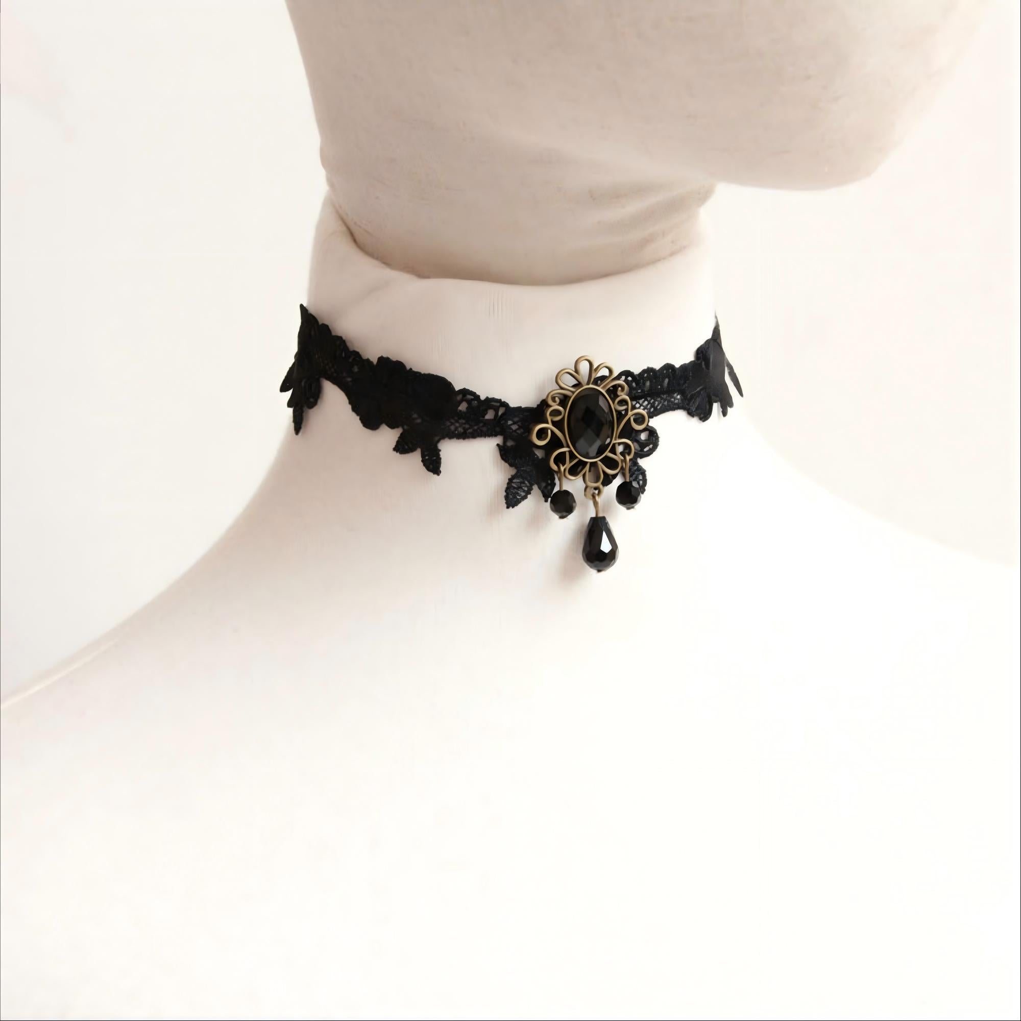 Halloween Black Lace Choker Necklace | Antique Bronze Sunflower Oval Gem Triple Black Crystal Teardrop Drop Gothic Everyday Halloween Costume Jewelry Gift