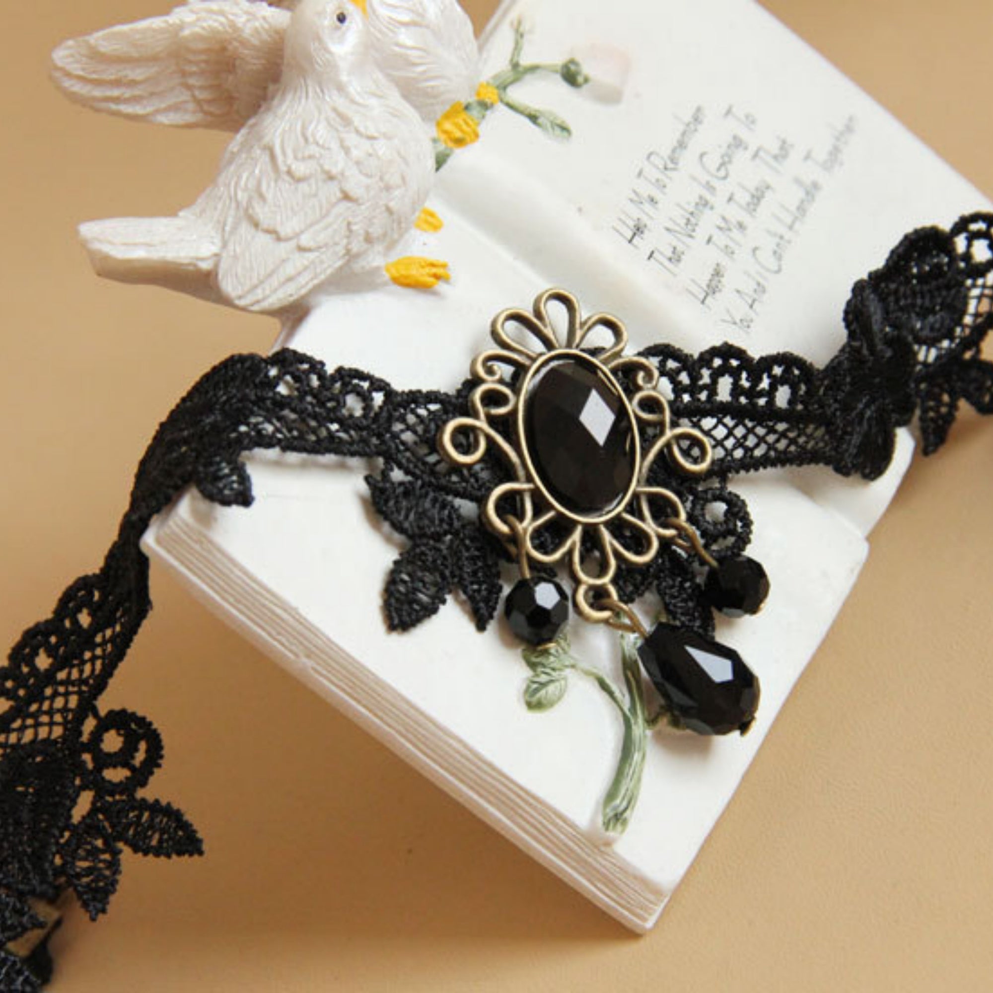 Halloween Black Lace Choker Necklace | Antique Bronze Sunflower Oval Gem Triple Black Crystal Teardrop Drop Gothic Everyday Halloween Costume Jewelry Gift