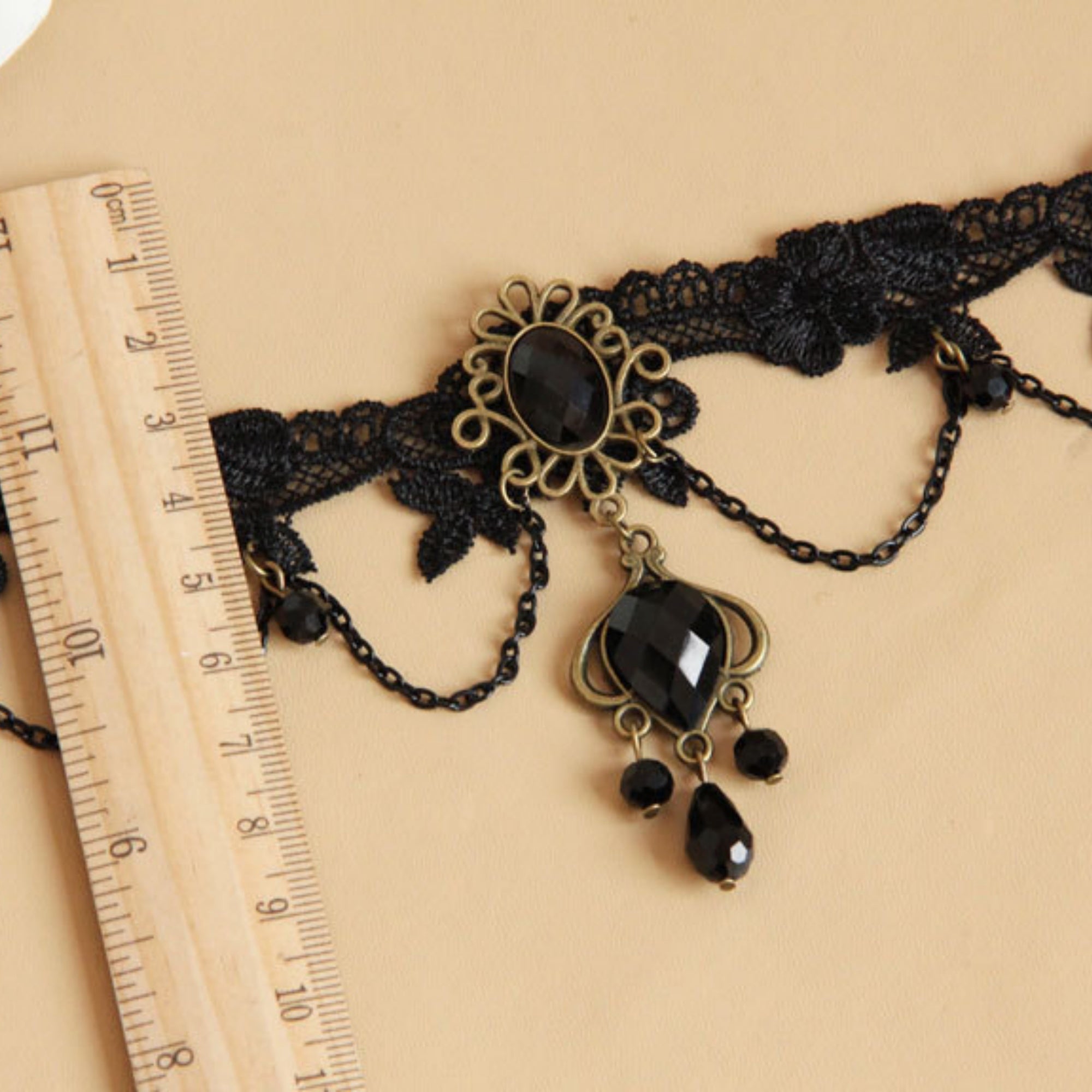 Halloween Black Lace Choker Necklace | Antique Bronze Sunflower Gem Dual Chain Drape Large Bronze Teardrop Frame Black Crystal Cluster Drop Gothic Halloween Costume Jewelry Gift
