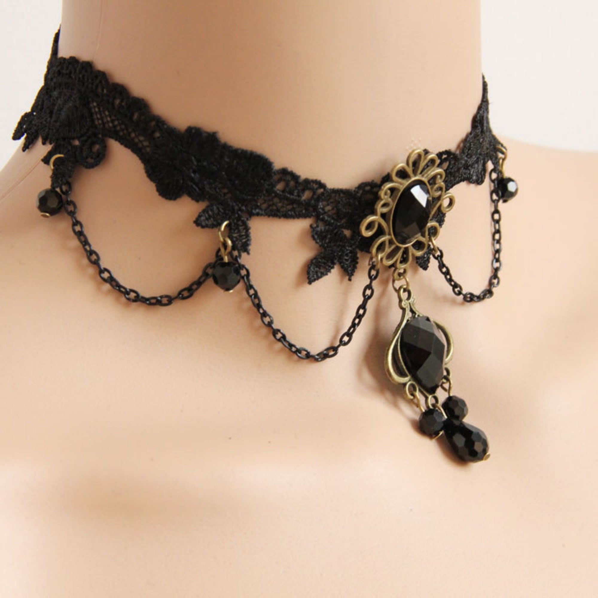 Halloween Black Lace Choker Necklace | Antique Bronze Sunflower Gem Dual Chain Drape Large Bronze Teardrop Frame Black Crystal Cluster Drop Gothic Halloween Costume Jewelry Gift