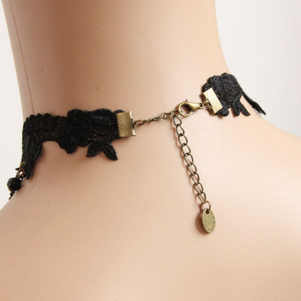 Halloween Black Lace Choker Necklace | Antique Bronze Sunflower Gem Dual Chain Drape Large Bronze Teardrop Frame Black Crystal Cluster Drop Gothic Halloween Costume Jewelry Gift