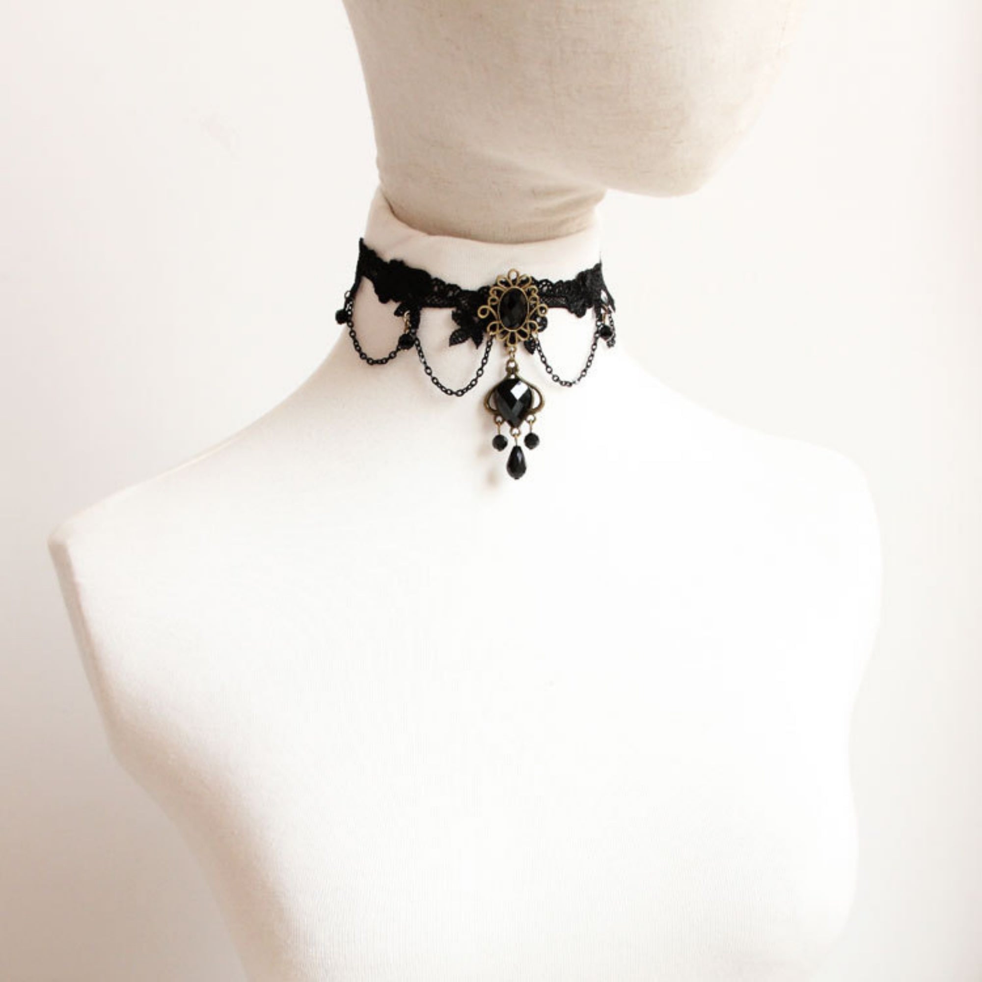 Halloween Black Lace Choker Necklace | Antique Bronze Sunflower Gem Dual Chain Drape Large Bronze Teardrop Frame Black Crystal Cluster Drop Gothic Halloween Costume Jewelry Gift