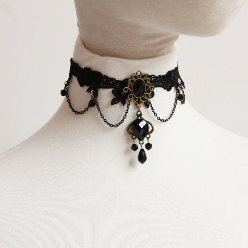 Halloween Black Lace Choker Necklace | Antique Bronze Sunflower Gem Dual Chain Drape Large Bronze Teardrop Frame Black Crystal Cluster Drop Gothic Halloween Costume Jewelry Gift