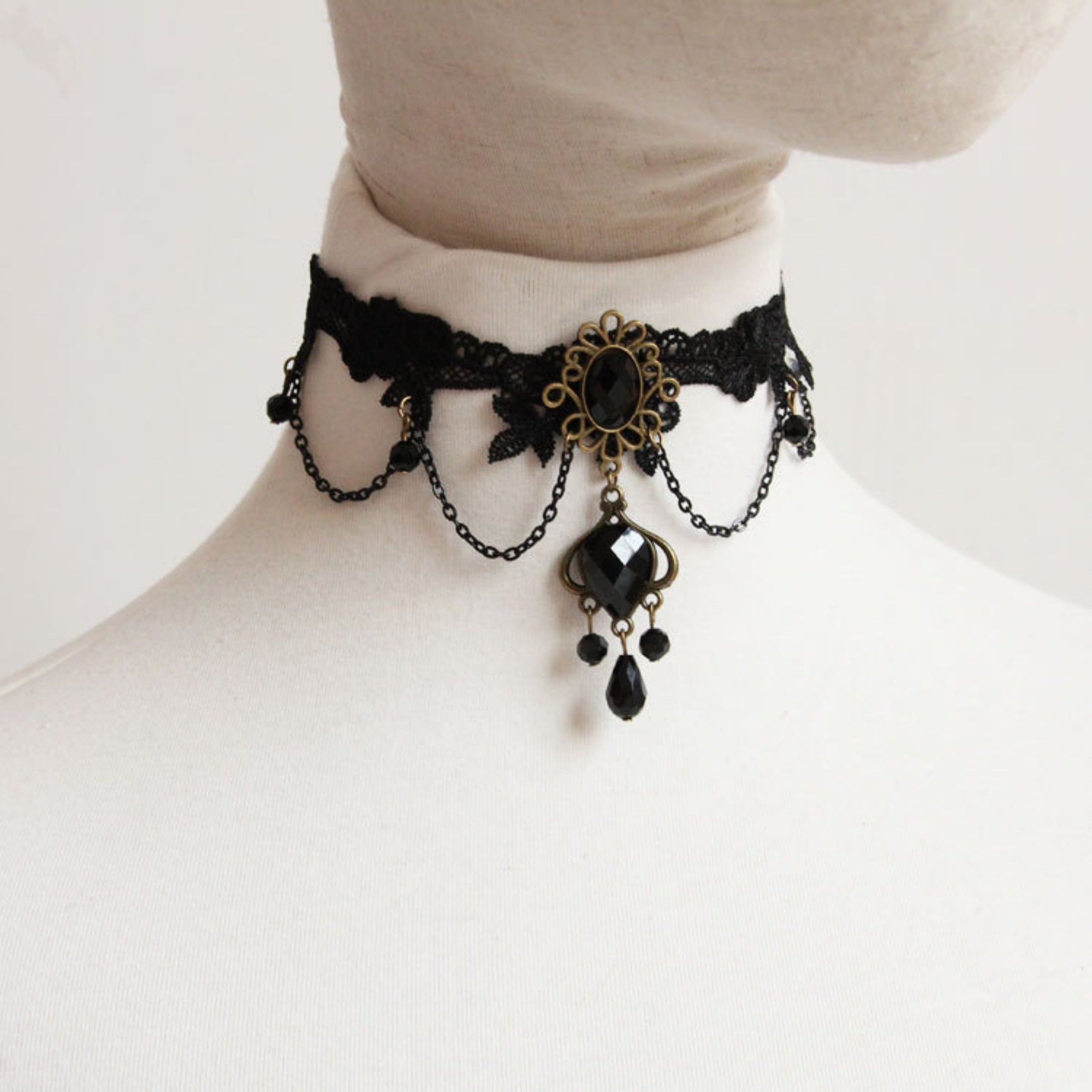 Halloween Black Lace Choker Necklace | Antique Bronze Sunflower Gem Dual Chain Drape Large Bronze Teardrop Frame Black Crystal Cluster Drop Gothic Halloween Costume Jewelry Gift