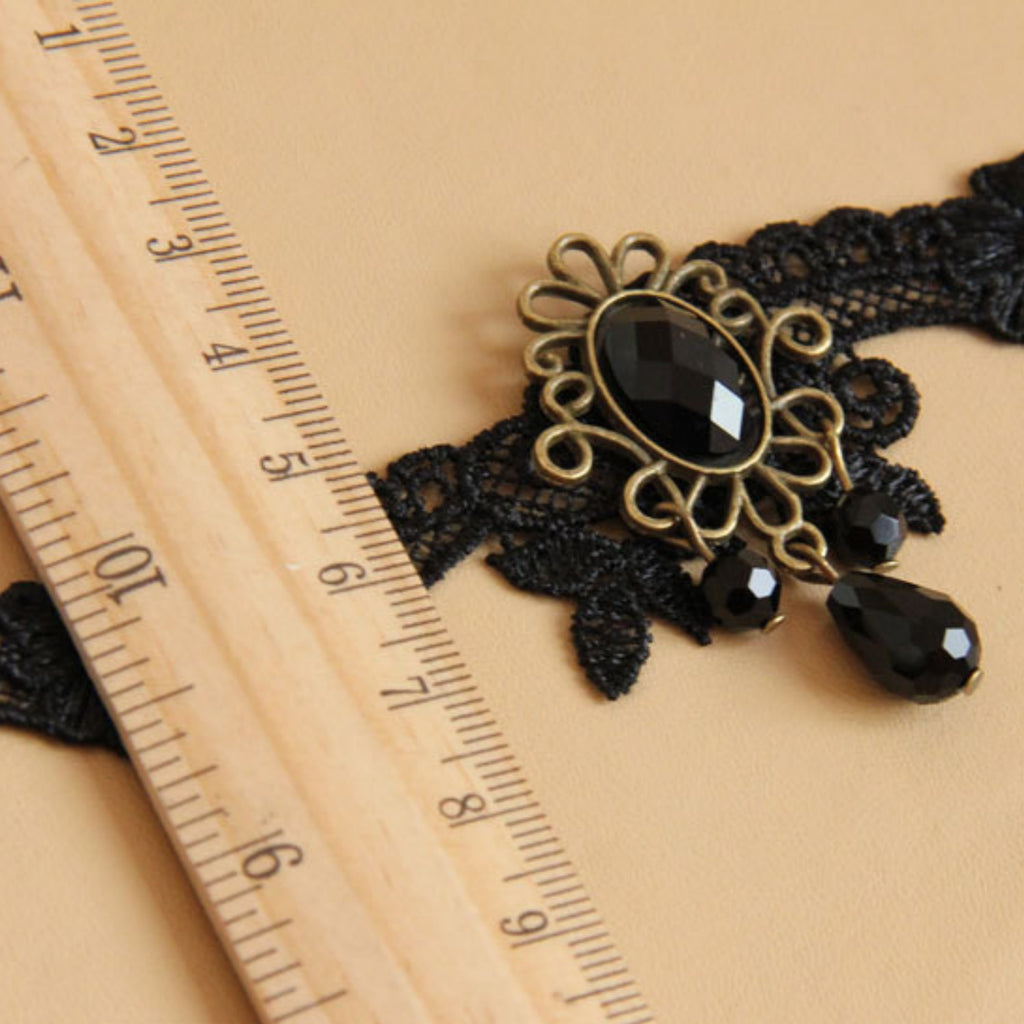 Halloween Black Lace Choker Necklace | Antique Bronze Sunflower Oval Gem Triple Black Crystal Teardrop Drop Gothic Everyday Halloween Costume Jewelry Gift