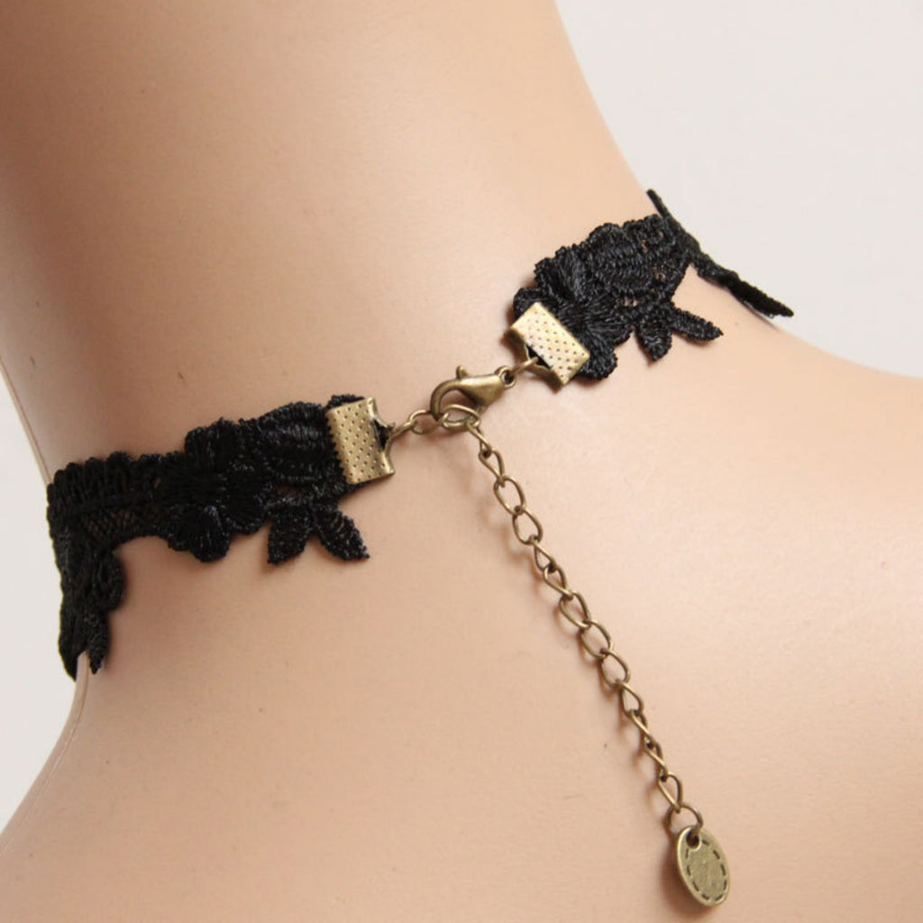 Halloween Black Lace Choker Necklace | Antique Bronze Sunflower Oval Gem Triple Black Crystal Teardrop Drop Gothic Everyday Halloween Costume Jewelry Gift
