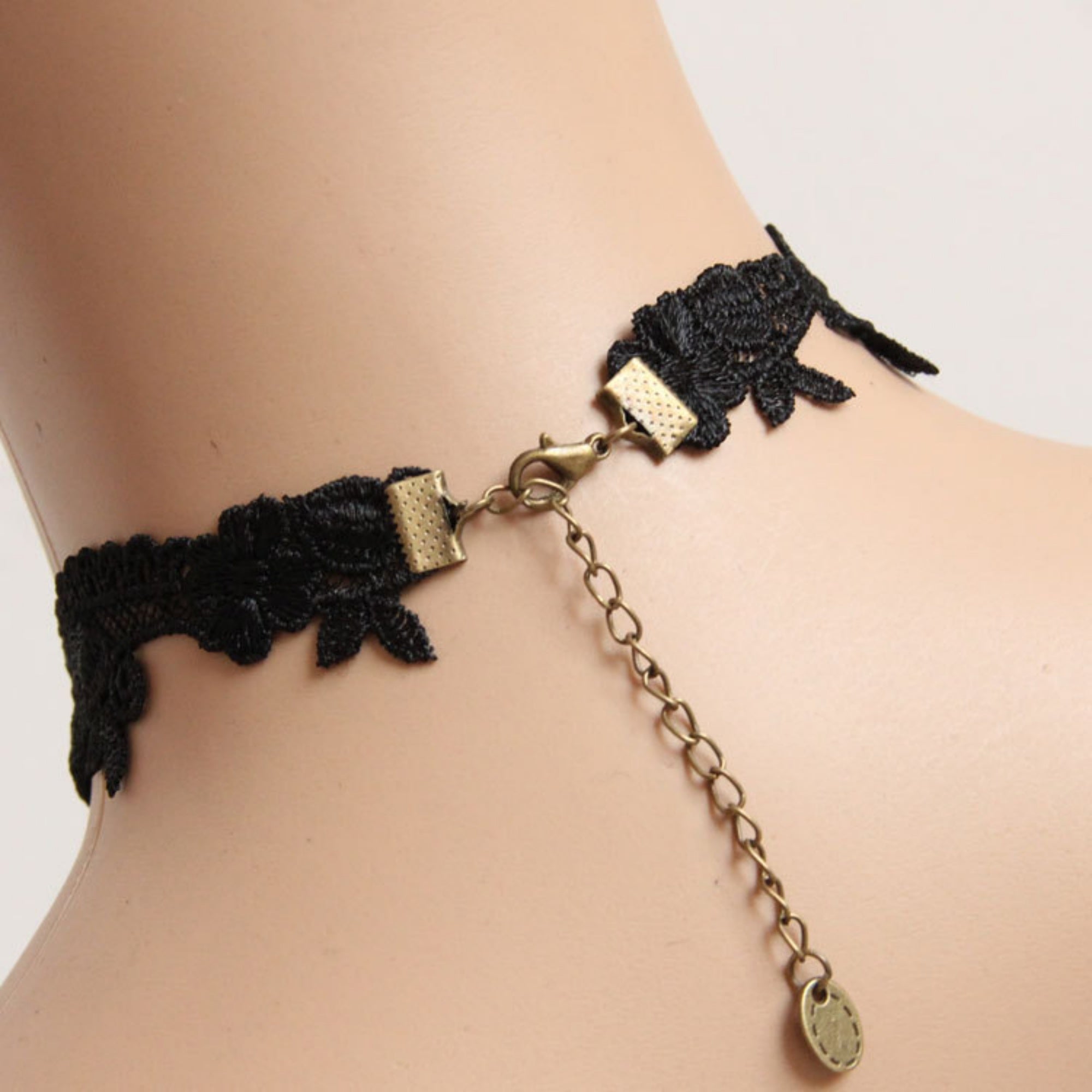 Halloween Black Lace Choker Necklace | Antique Bronze Sunflower Oval Gem Triple Black Crystal Teardrop Drop Gothic Everyday Halloween Costume Jewelry Gift