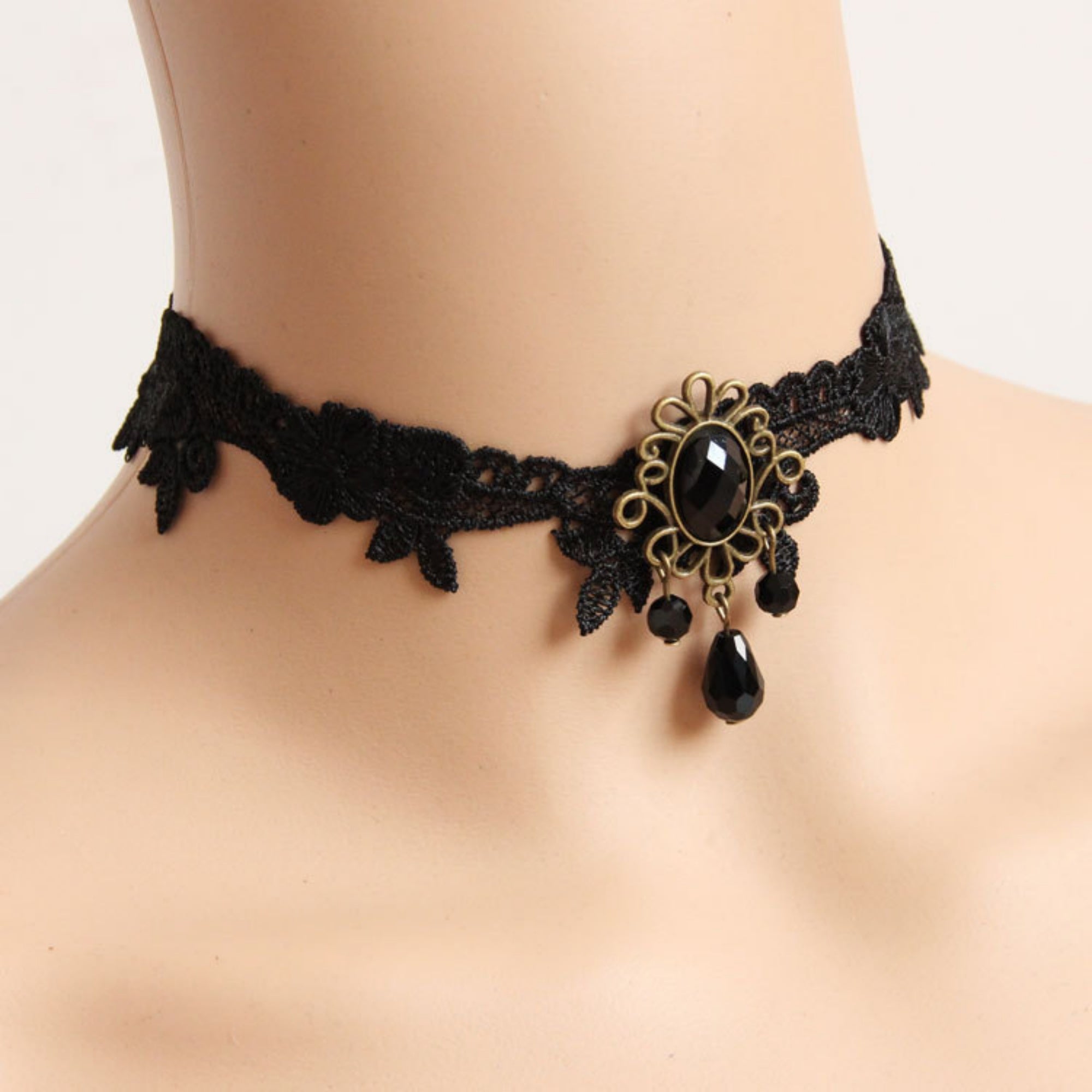 Halloween Black Lace Choker Necklace | Antique Bronze Sunflower Oval Gem Triple Black Crystal Teardrop Drop Gothic Everyday Halloween Costume Jewelry Gift