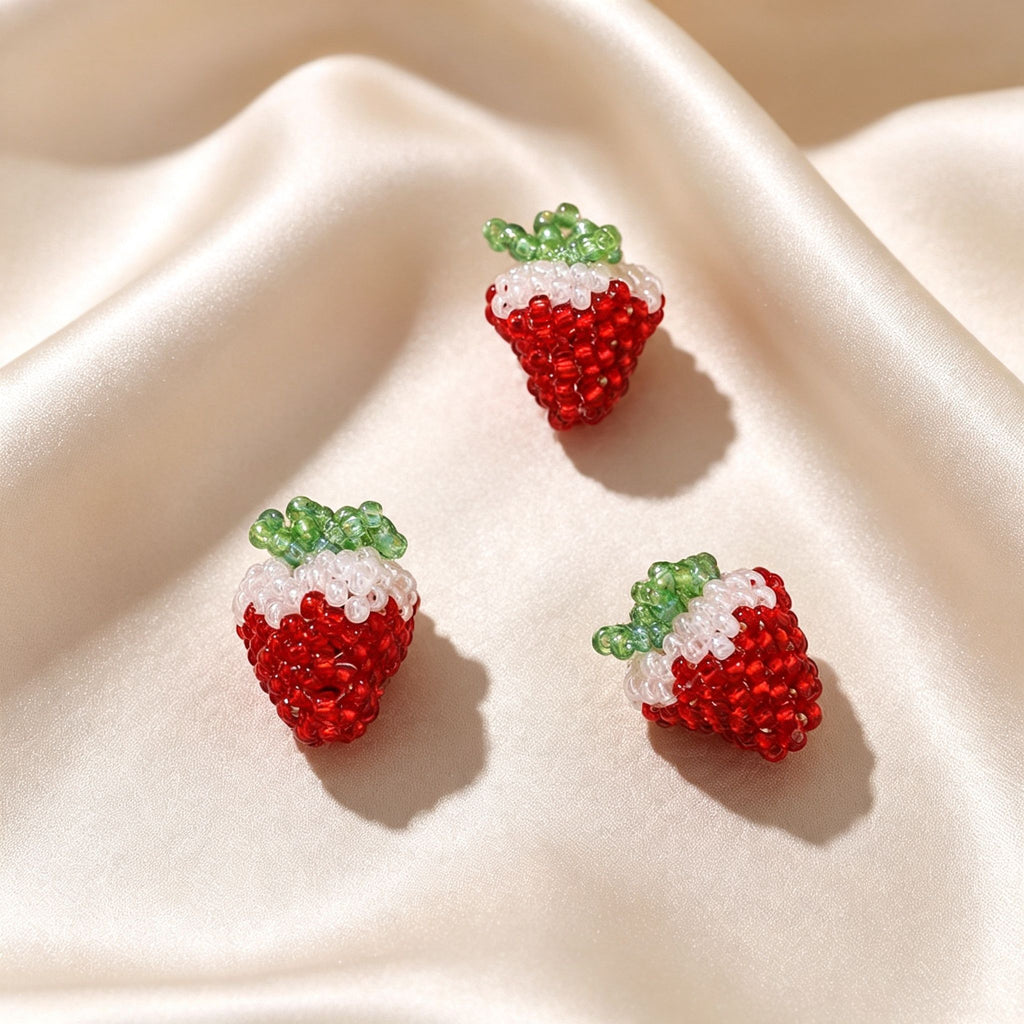 Handmade 3D Beaded Strawberry Charm Pendant | Seed Bead Fruit Charm for Necklace Bracelet Earring