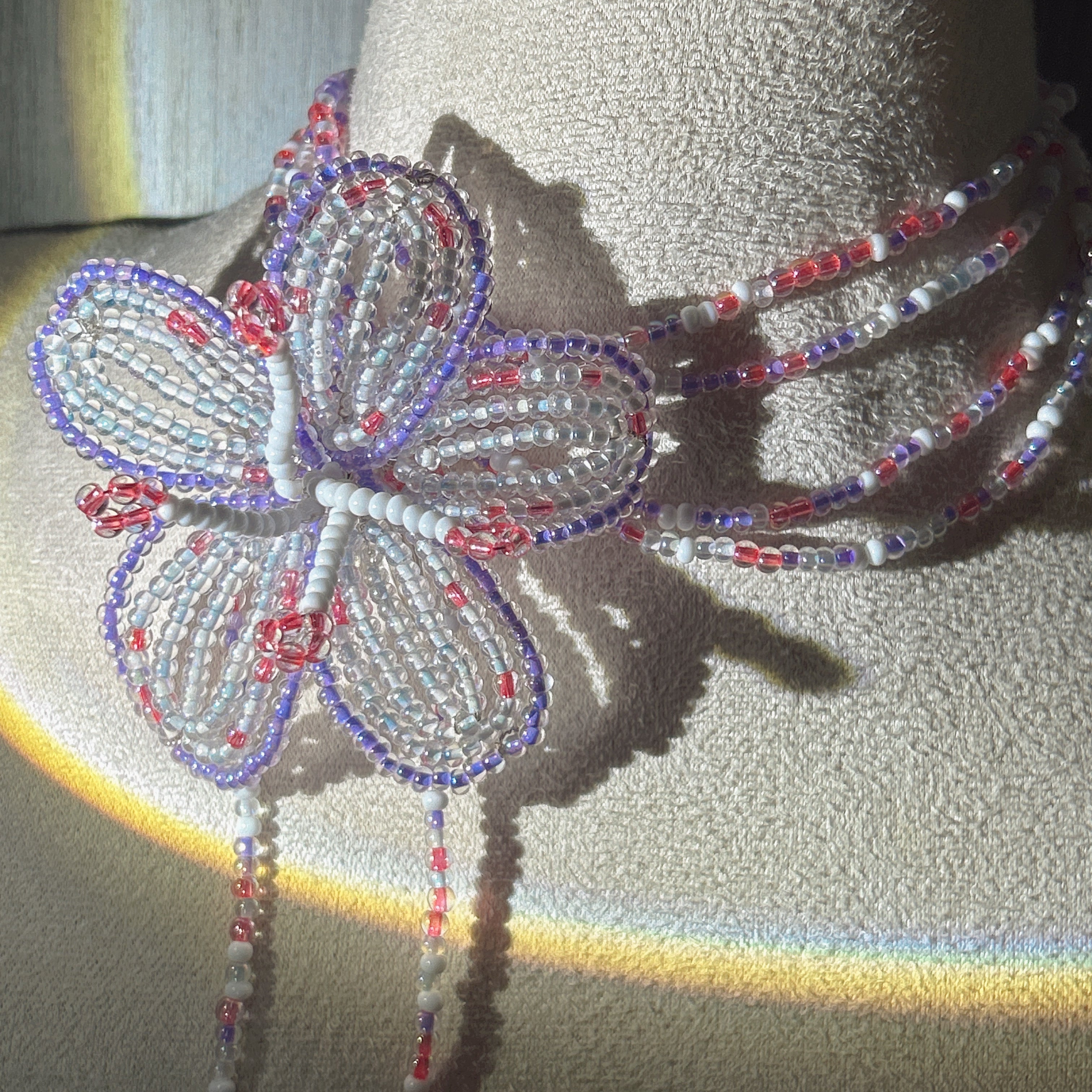 Handmade 3D Beaded Lily Flower Lariat Necklace | Lavender Pink Clear Seed Bead Fairycore