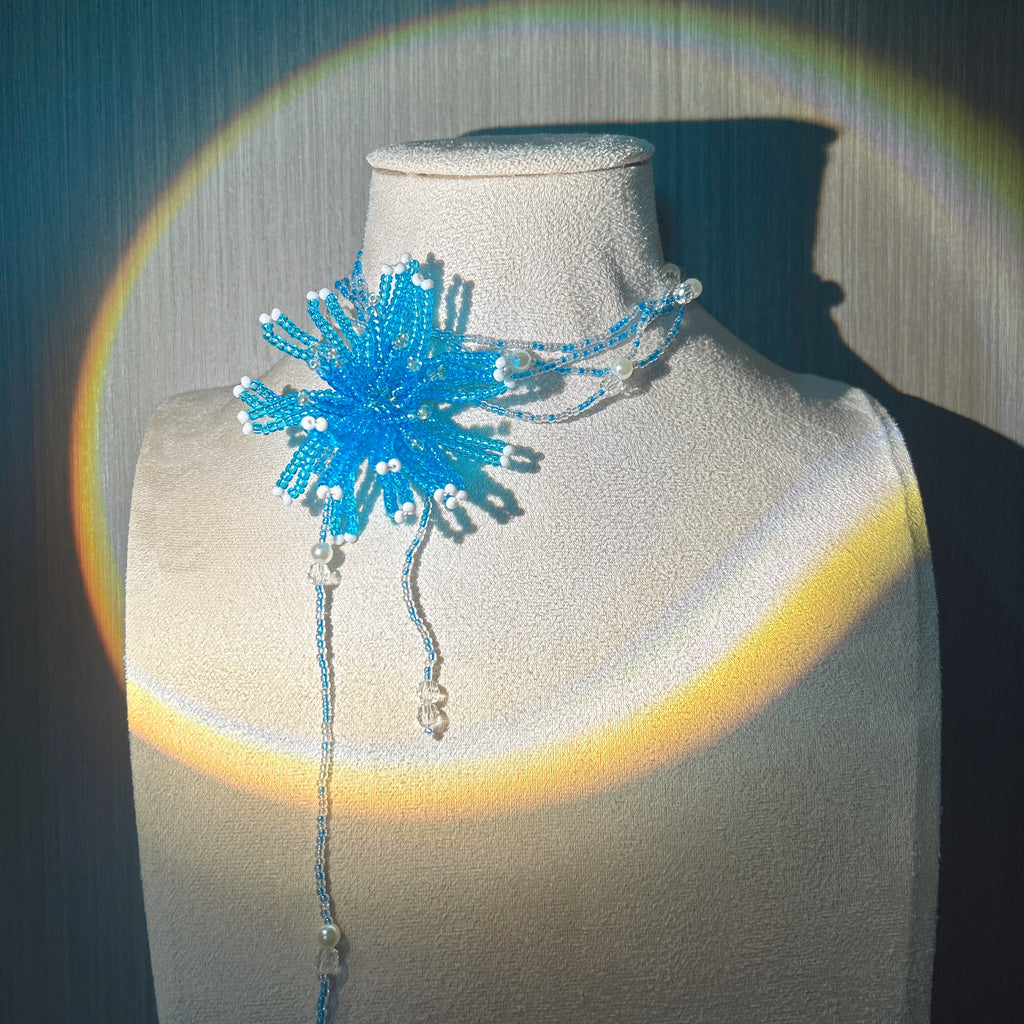 Handmade 3D Blue Starburst Beaded Flower Lariat Necklace | Teal Seed Bead Pearl Crystal Drop Fairycore