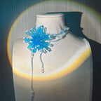 Handmade 3D Blue Starburst Beaded Flower Lariat Necklace | Teal Seed Bead Pearl Crystal Drop Fairycore