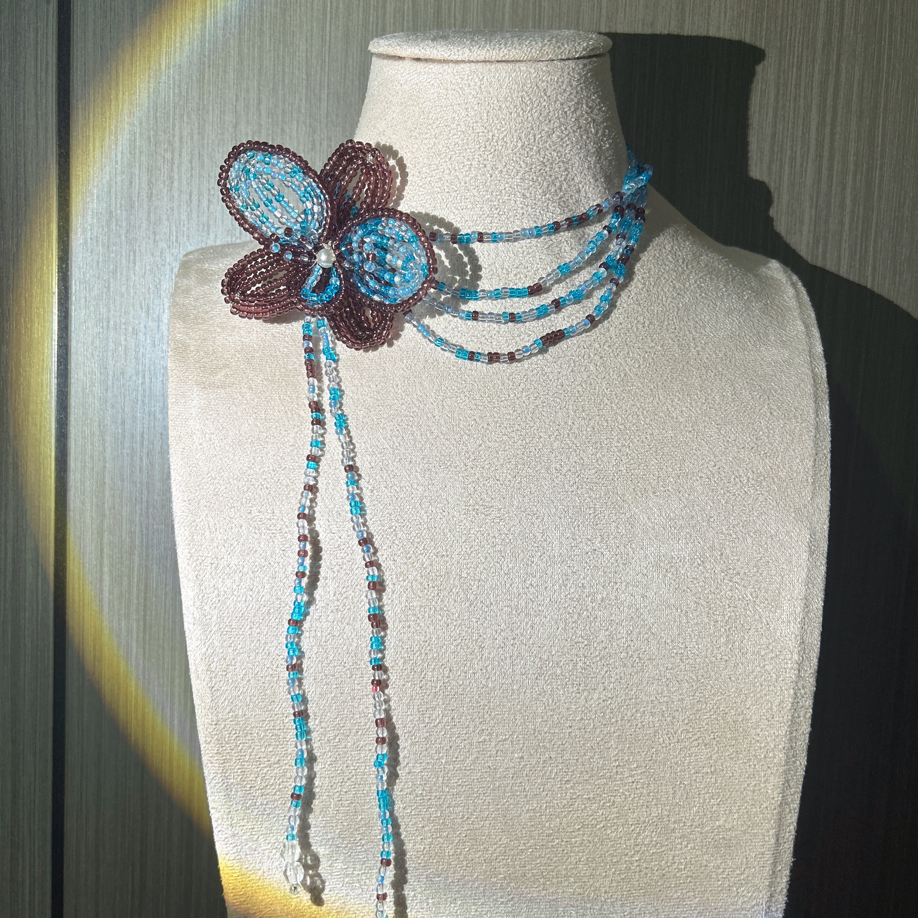Handmade 3D Four-Petal Beaded Flower Lariat Necklace | Teal Brown Seed Bead Wearable Art