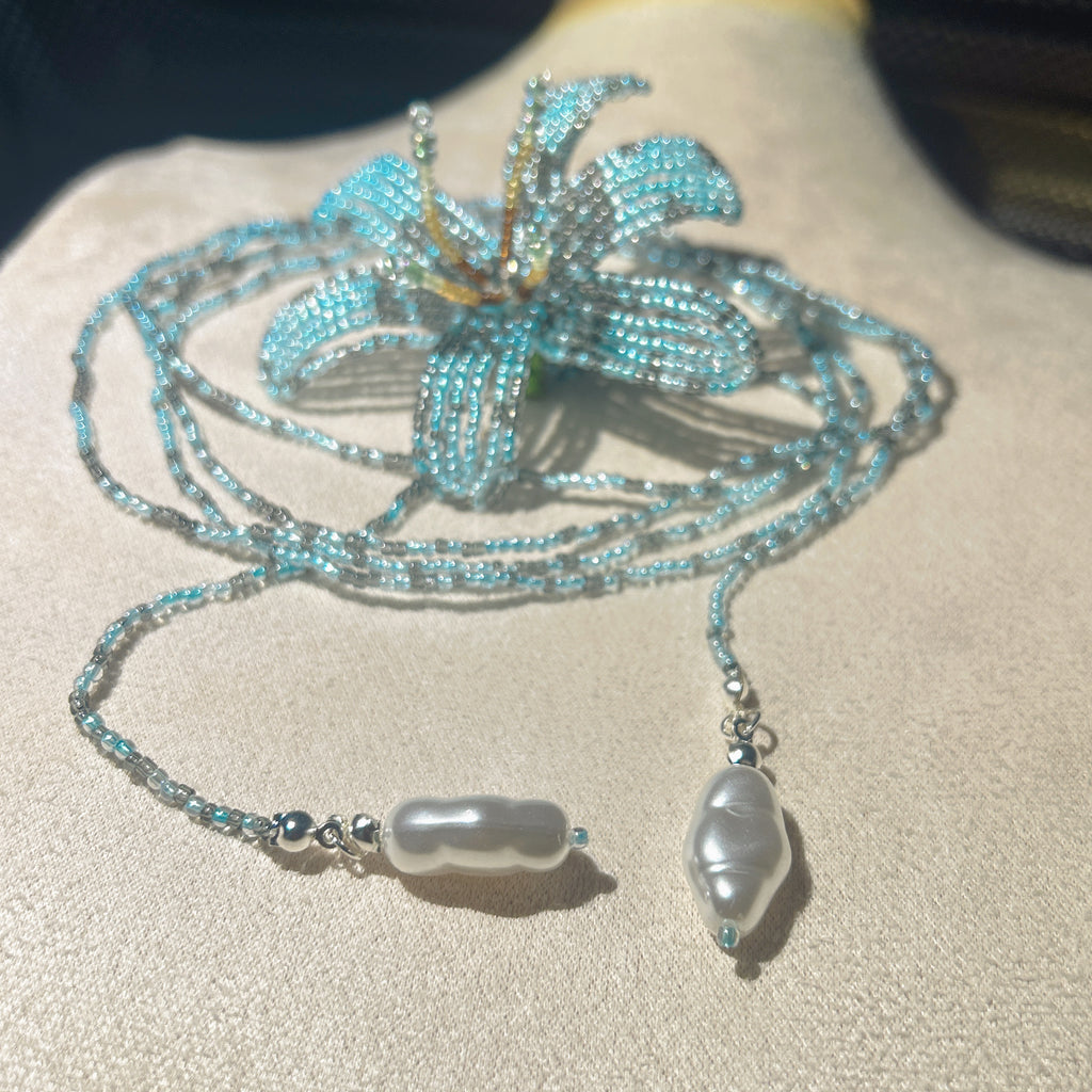 Handmade Tiffany Blue 3D Beaded Lily Flower Lariat Necklace | Baroque Pearl Drop Ocean Fairycore