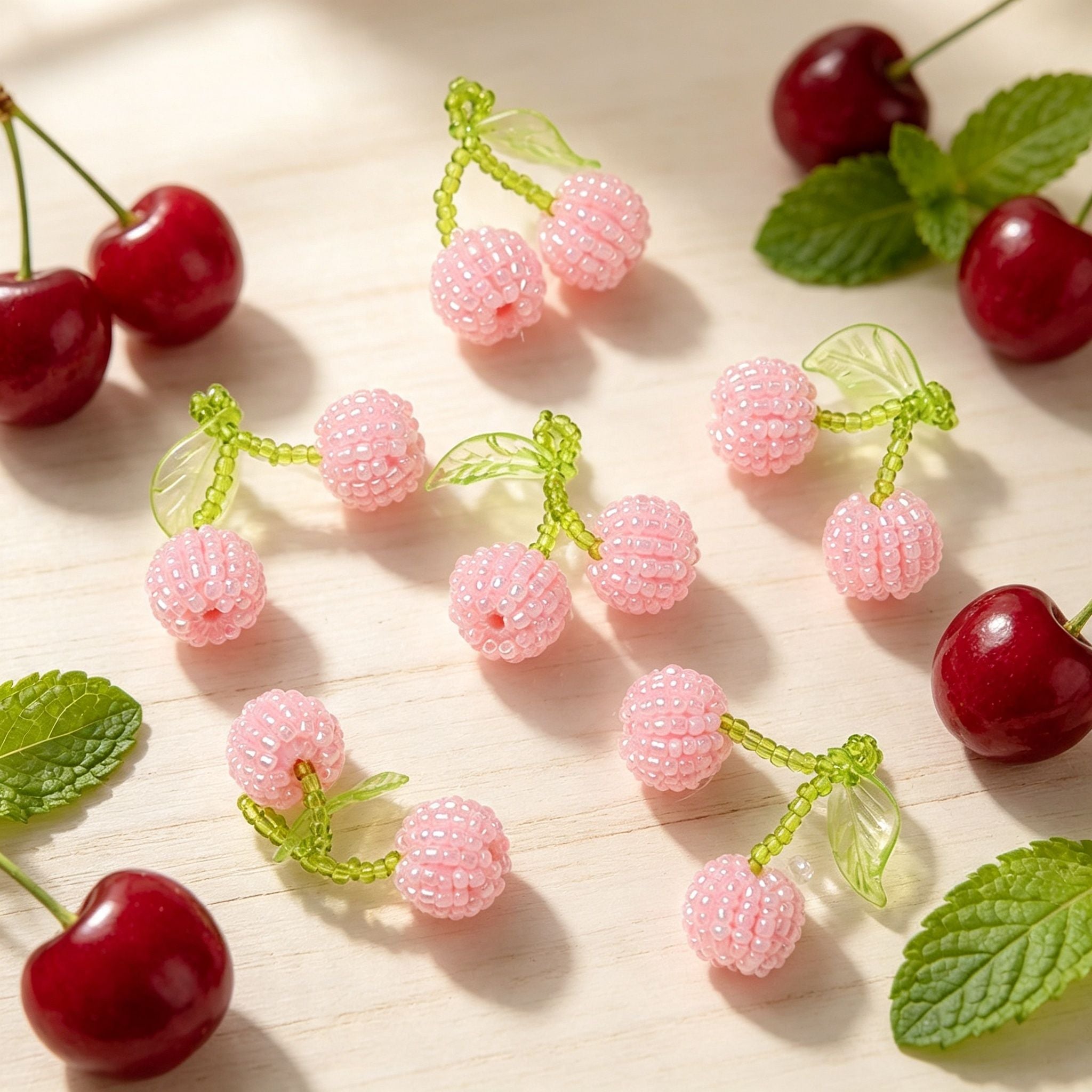 Handmade 3D Beaded Pink Cherry Drop Earrings | Green Leaf Stem Kawaii Fruit Fairycore Earrings