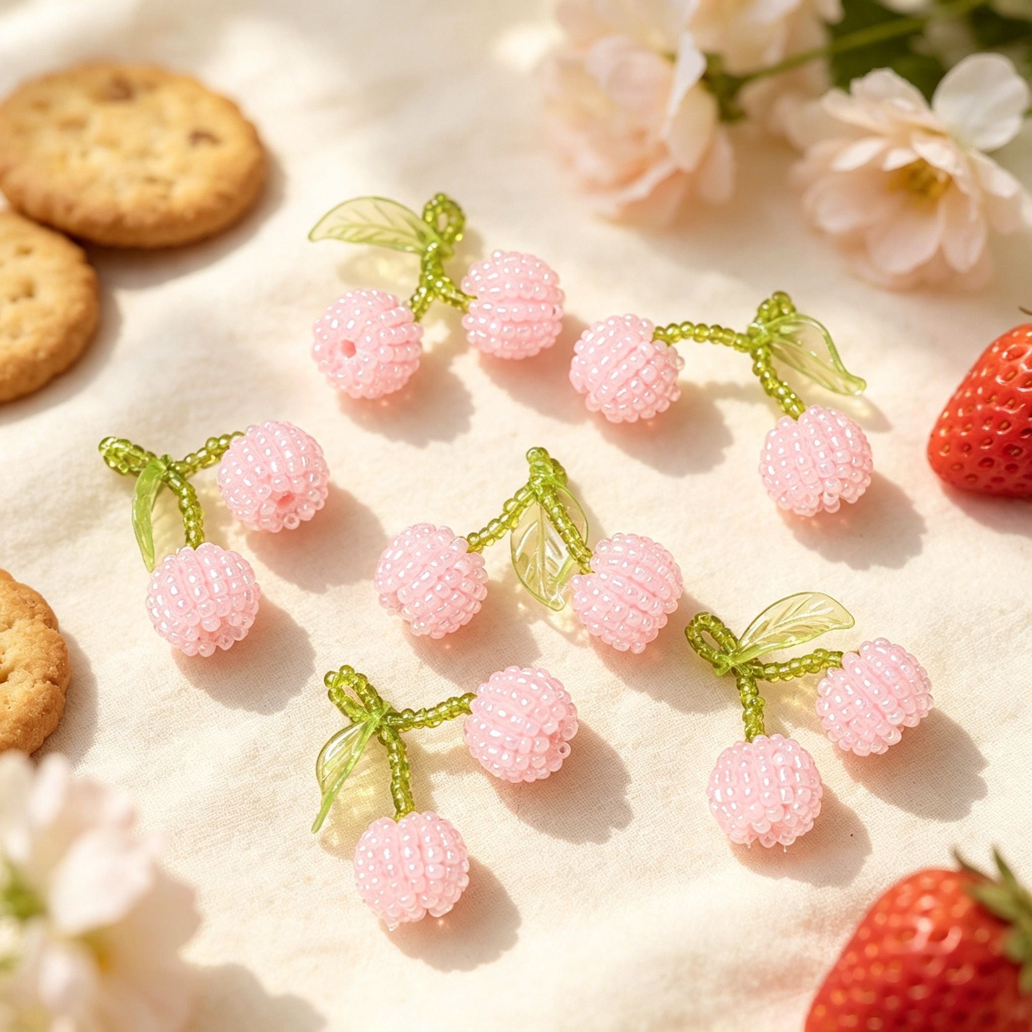 Handmade 3D Beaded Pink Cherry Drop Earrings | Green Leaf Stem Kawaii Fruit Fairycore Earrings