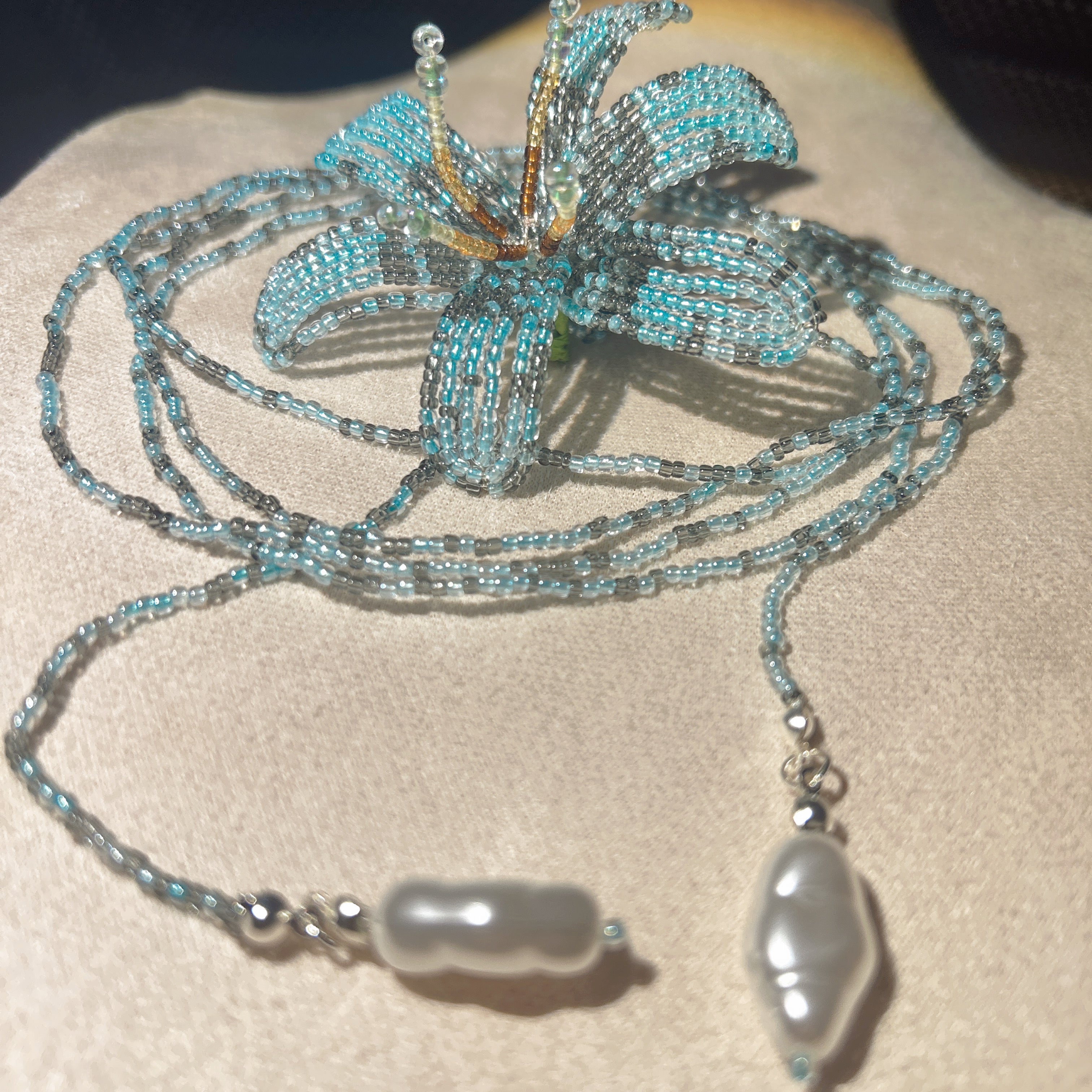 Handmade Tiffany Blue 3D Beaded Lily Flower Lariat Necklace | Baroque Pearl Drop Ocean Fairycore