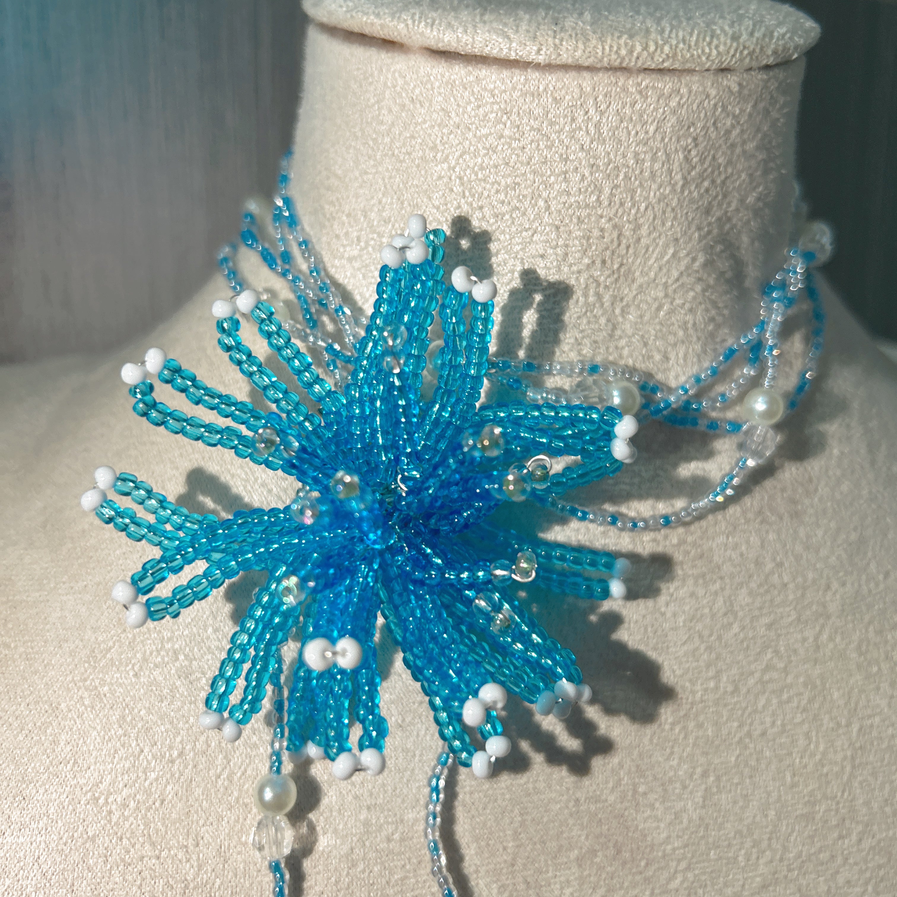 Handmade 3D Blue Starburst Beaded Flower Lariat Necklace | Teal Seed Bead Pearl Crystal Drop Fairycore
