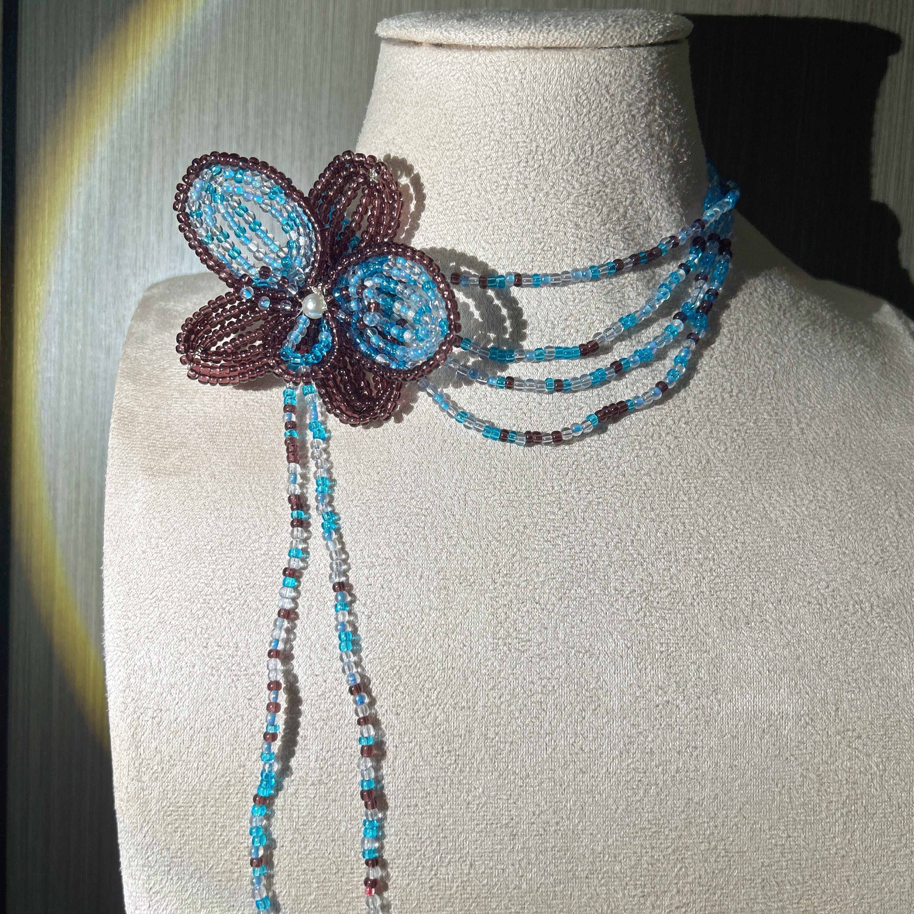 Handmade 3D Four-Petal Beaded Flower Lariat Necklace | Teal Brown Seed Bead Wearable Art
